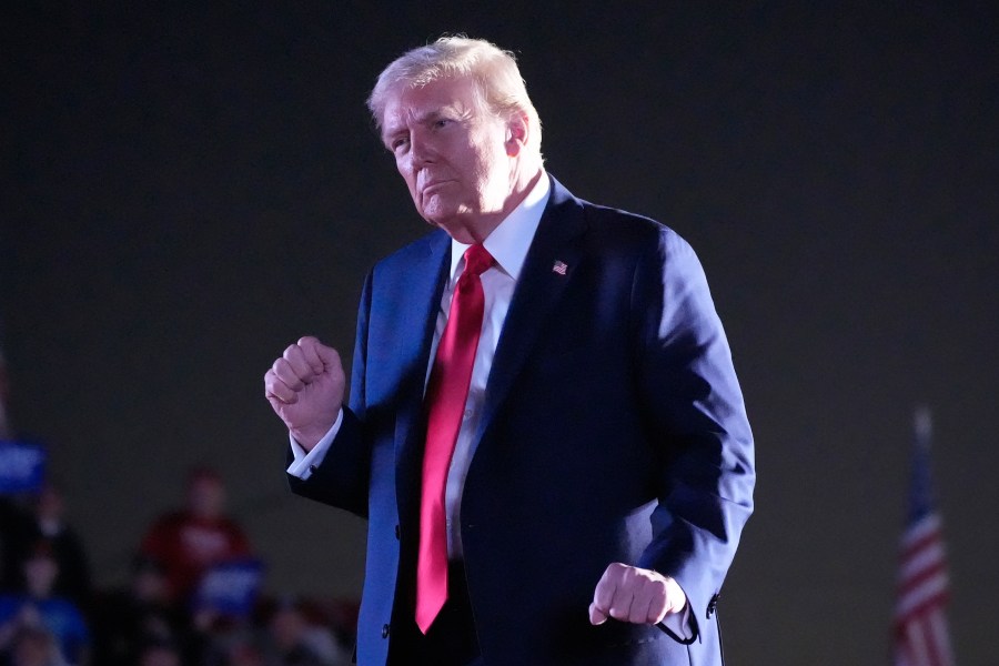 Republican presidential nominee former President Donald Trump dances as he departs after speaking at a campaign event at the Butler Farm Show, Saturday, Oct. 5, 2024, in Butler, Pa. (AP Photo/Alex Brandon)