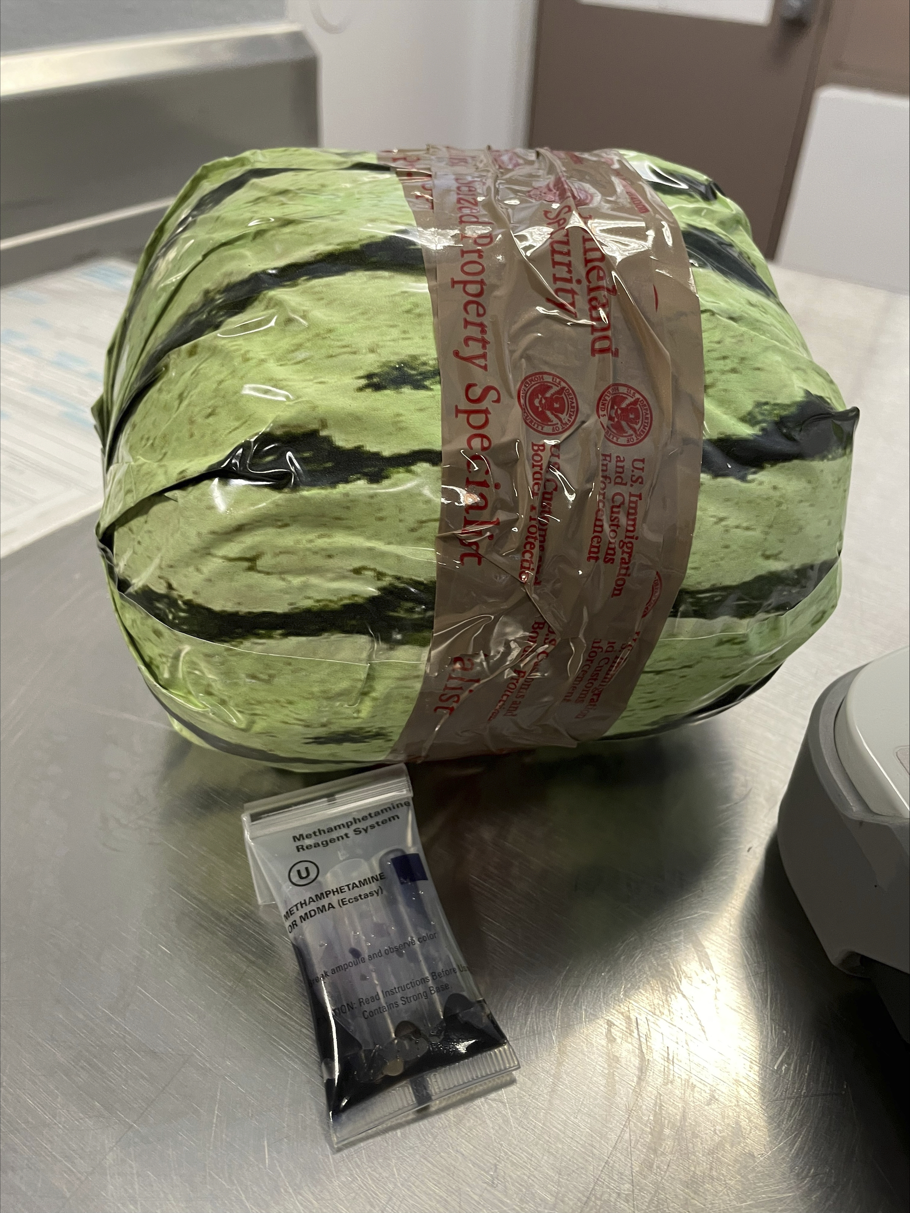 A fake watermelon, used to disguised a shipment of methamphetamines, is shown after a bust by U.S. Customs and Border Protection, Friday, Aug. 16, 2024, in Otay Mesa, Calif. (U.S. Customs and Border Protection via AP)