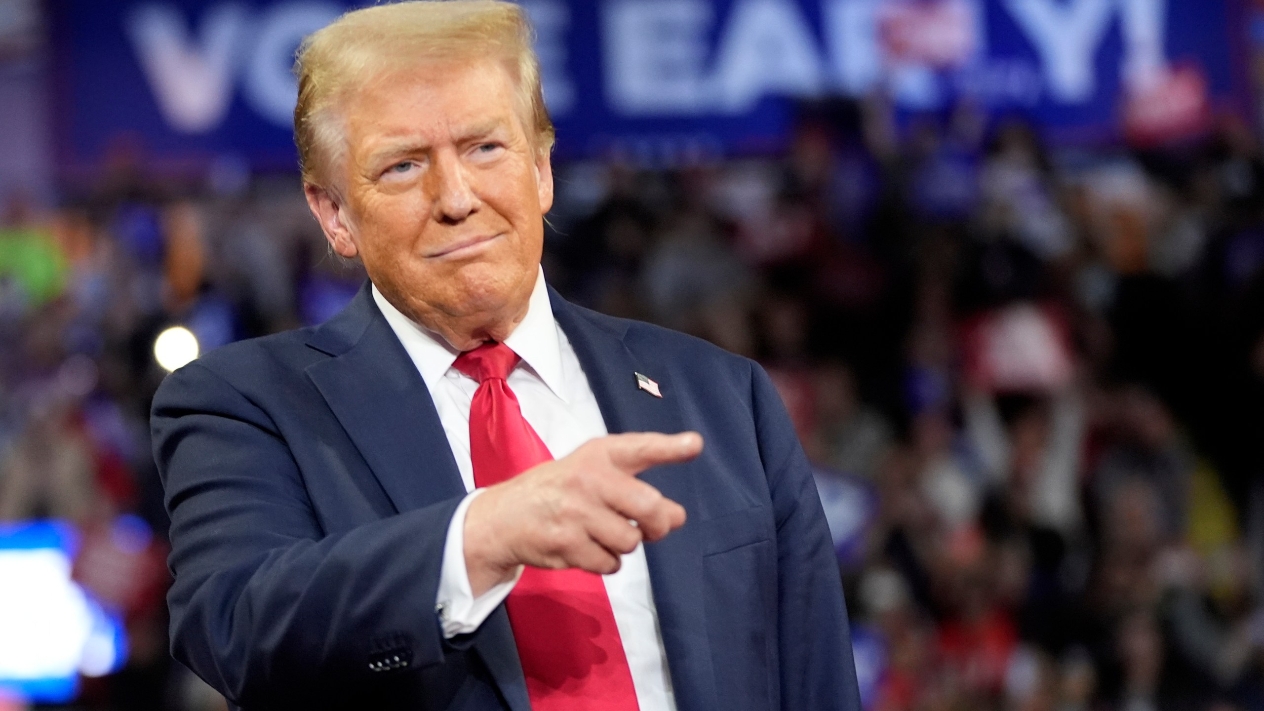 Republican presidential nominee former President Donald Trump arrives at a campaign rally at the Santander Arena, Wednesday, Oct. 9, 2024, in Reading, Pa. (AP Photo/Alex Brandon)