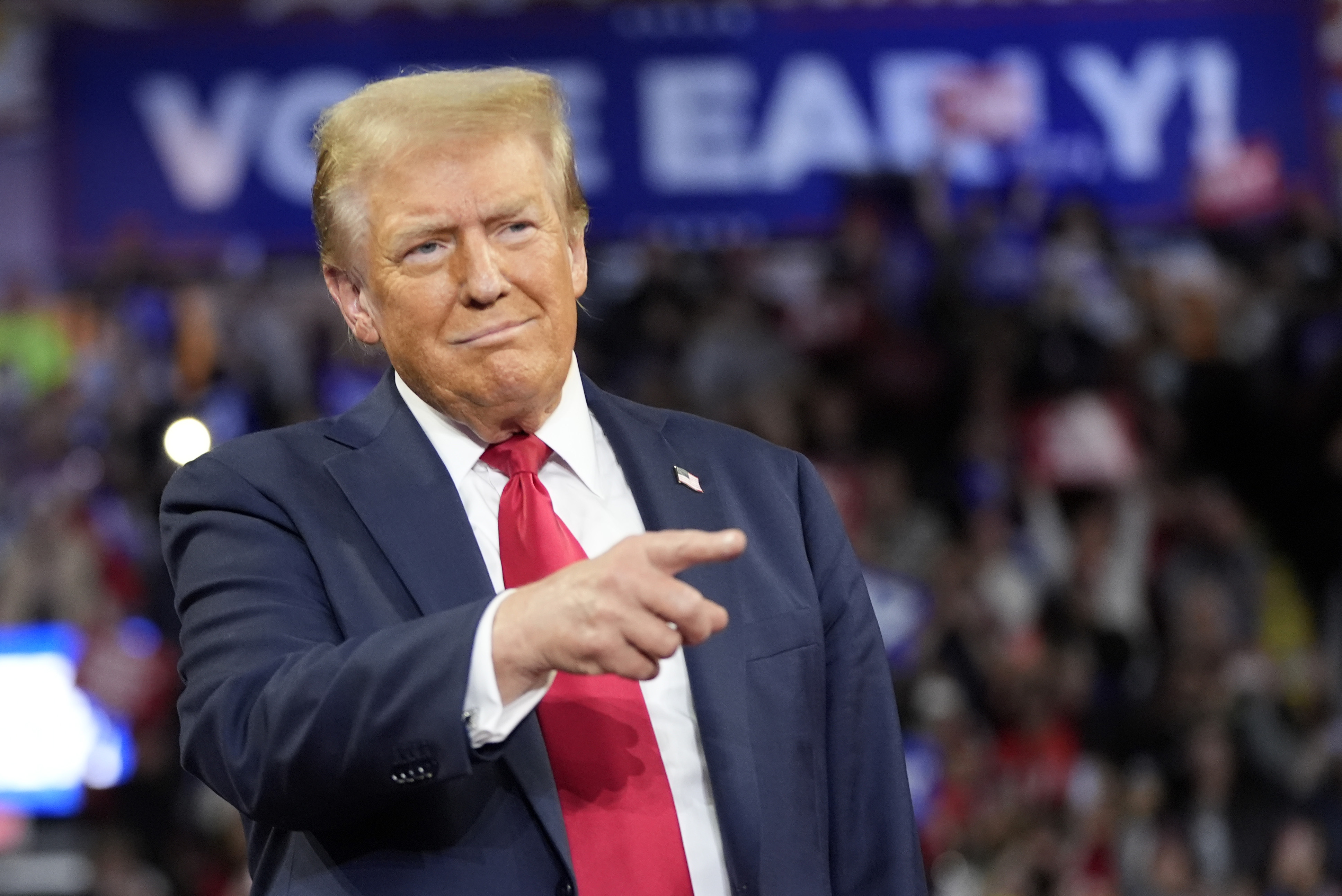 Republican presidential nominee former President Donald Trump arrives at a campaign rally at the Santander Arena, Wednesday, Oct. 9, 2024, in Reading, Pa. (AP Photo/Alex Brandon)