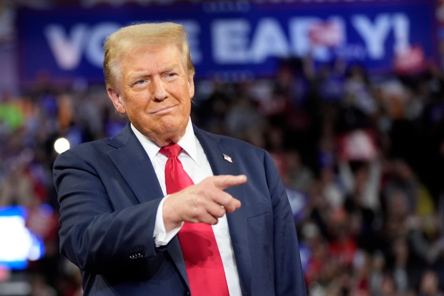 Republican presidential nominee former President Donald Trump arrives at a campaign rally at the Santander Arena, Wednesday, Oct. 9, 2024, in Reading, Pa. (AP Photo/Alex Brandon)