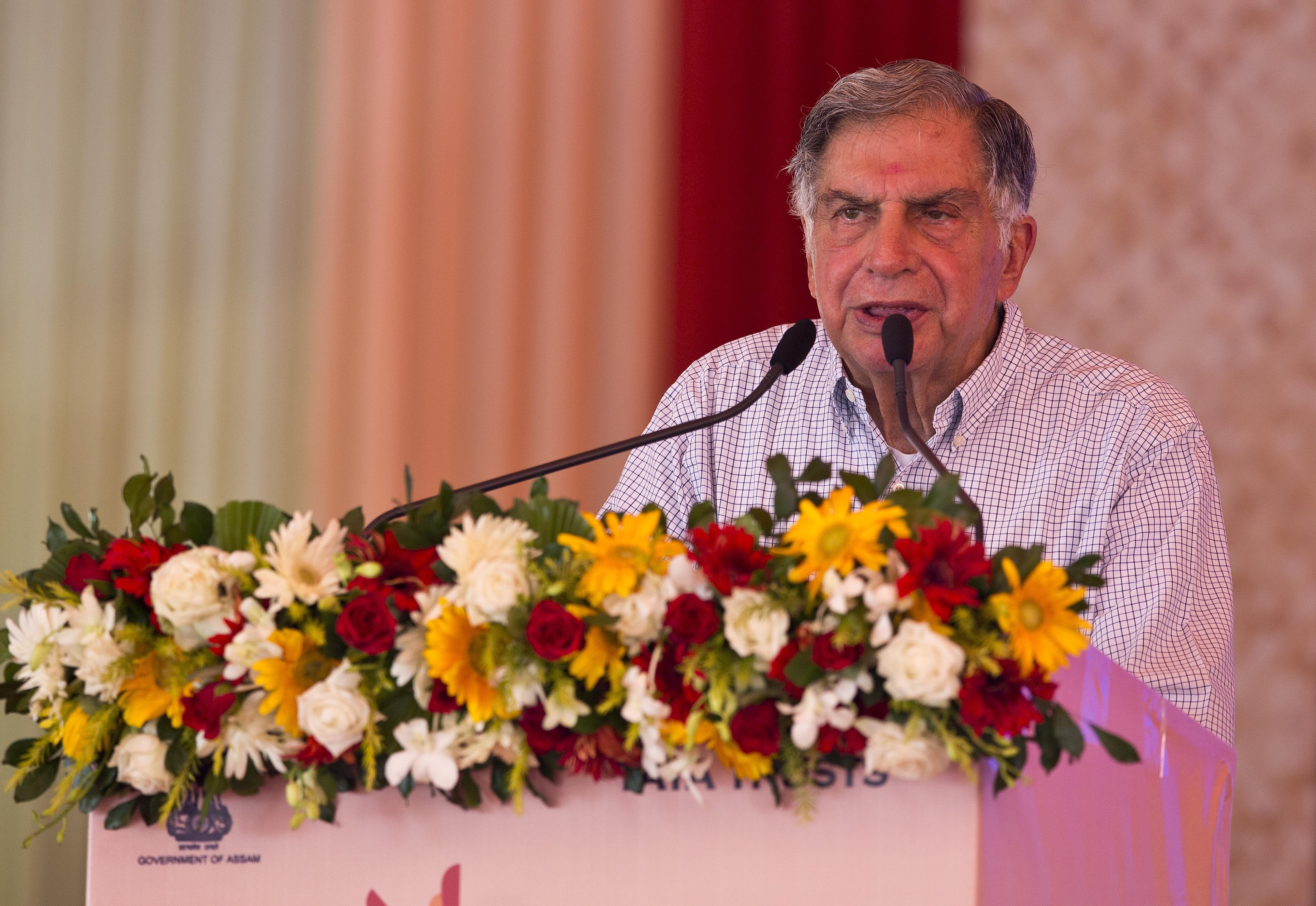 FILE - Tata Trusts Chairman Ratan Tata speaks during the foundation stone laying ceremony of a cancer care hospital in Gauhati, India, June 18, 2018. (AP Photo/Anupam Nath, File)