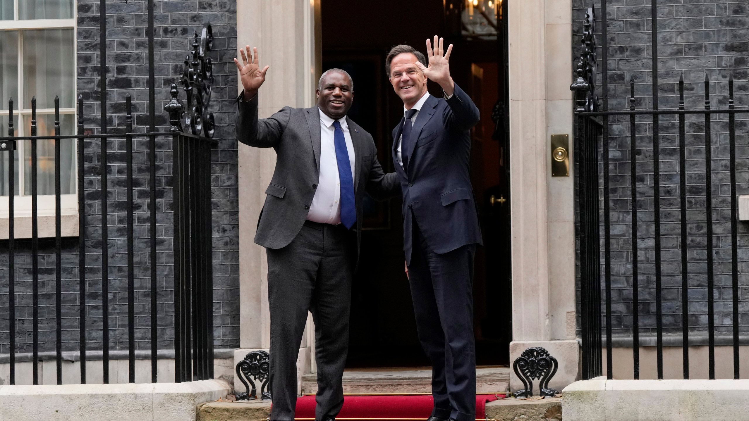 Britain's Foreign Secretary David Lammy and NATO Secretary General Mark Rutte arrive at 10 Downing Street in London, Thursday, Oct. 10, 2024.(AP Photo/Alastair Grant)