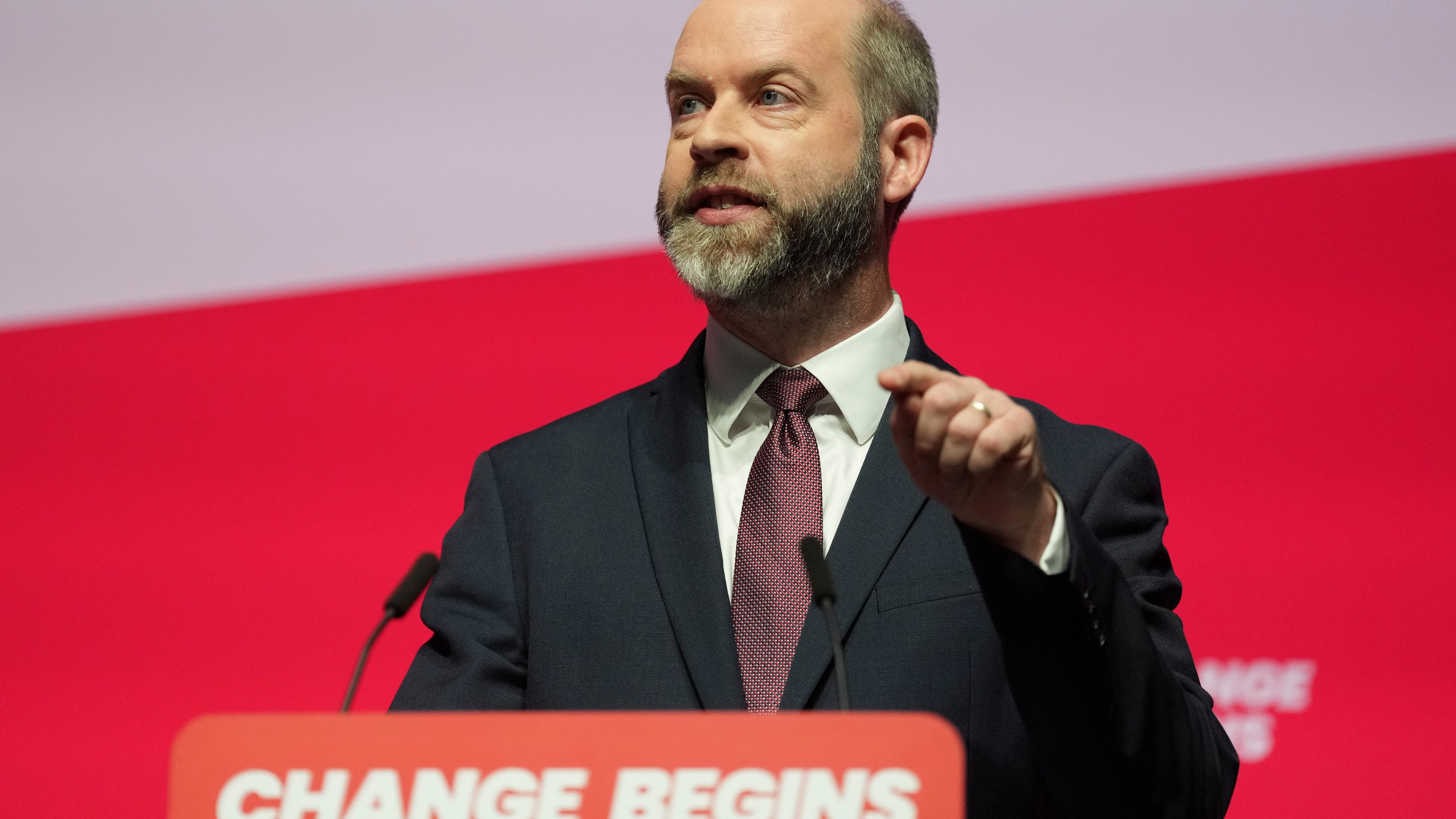 Britain's Secretary of State for Business and Trade Jonathan Reynolds speaks during the Labour Party Conference in Liverpool, England, Monday, Sept. 23, 2024.(AP Photo/Jon Super)