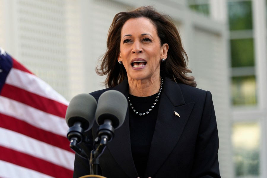 Democratic presidential nominee Vice President Kamala Harris speaks before planting a memorial tree on the grounds of the Vice President's residence in Washington on Monday, Oct. 7, 2024, to honor the victims and mark one year since the Oct. 7, 2023, Hamas attack on Israel. (AP Photo/Ben Curtis)