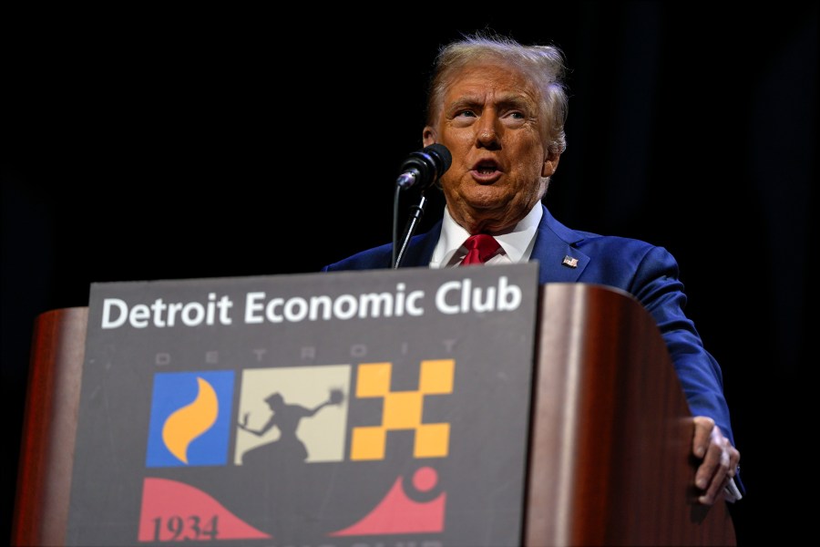 Republican presidential nominee former President Donald Trump speaks at a meeting of the Detroit Economic Club, Thursday, Oct. 10, 2024, in Detroit. (AP Photo/Julia Demaree Nikhinson)