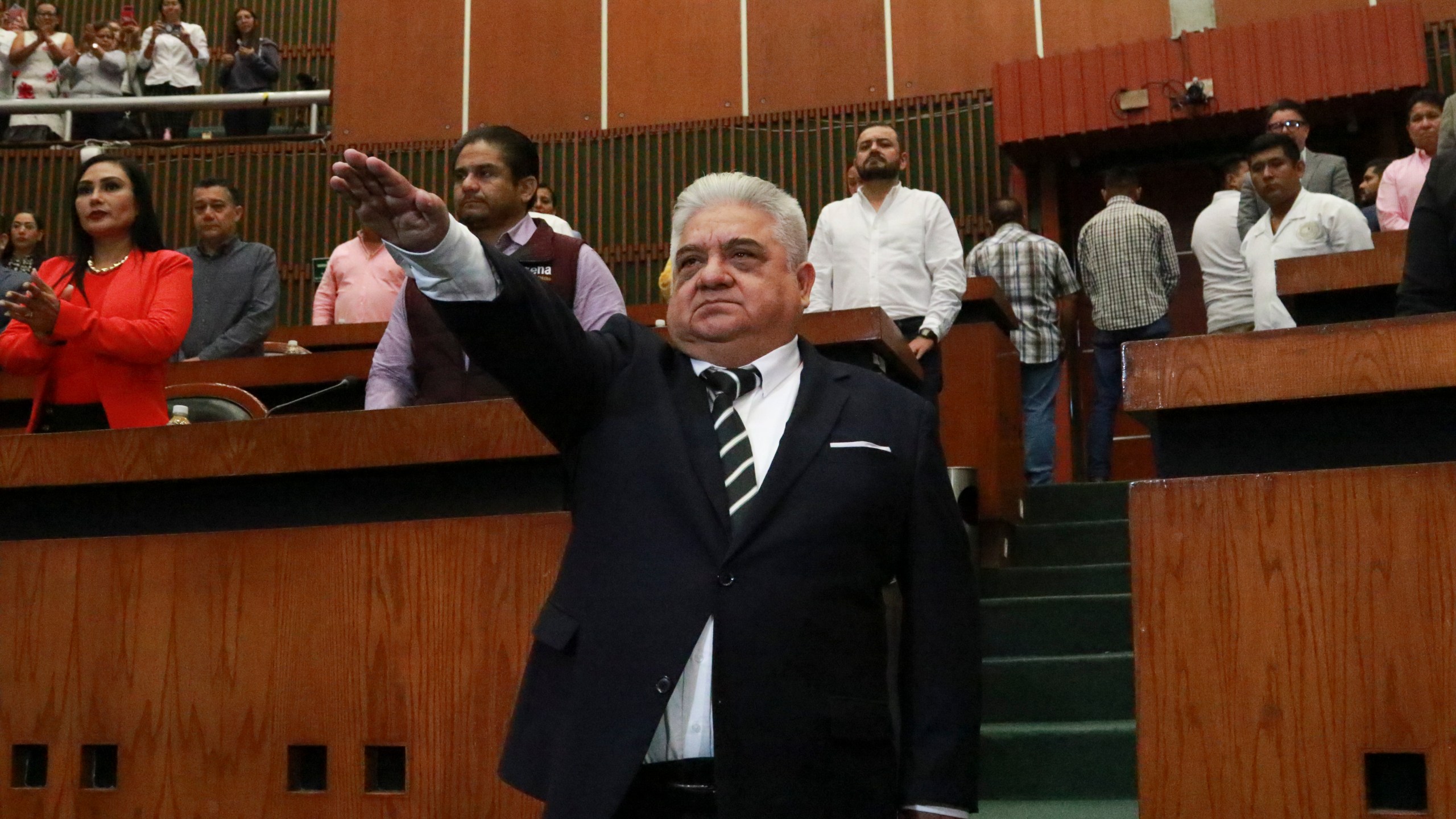 Gustavo Alarcon is sworn-in as mayor of Chilpancingo, Guerrero state, Mexico, Thursday, Oct. 10, 2024, days after former Mayor Alejandro Arcos was killed less than a week after taking office. (AP Photo/Alejandrino Gonzalez)