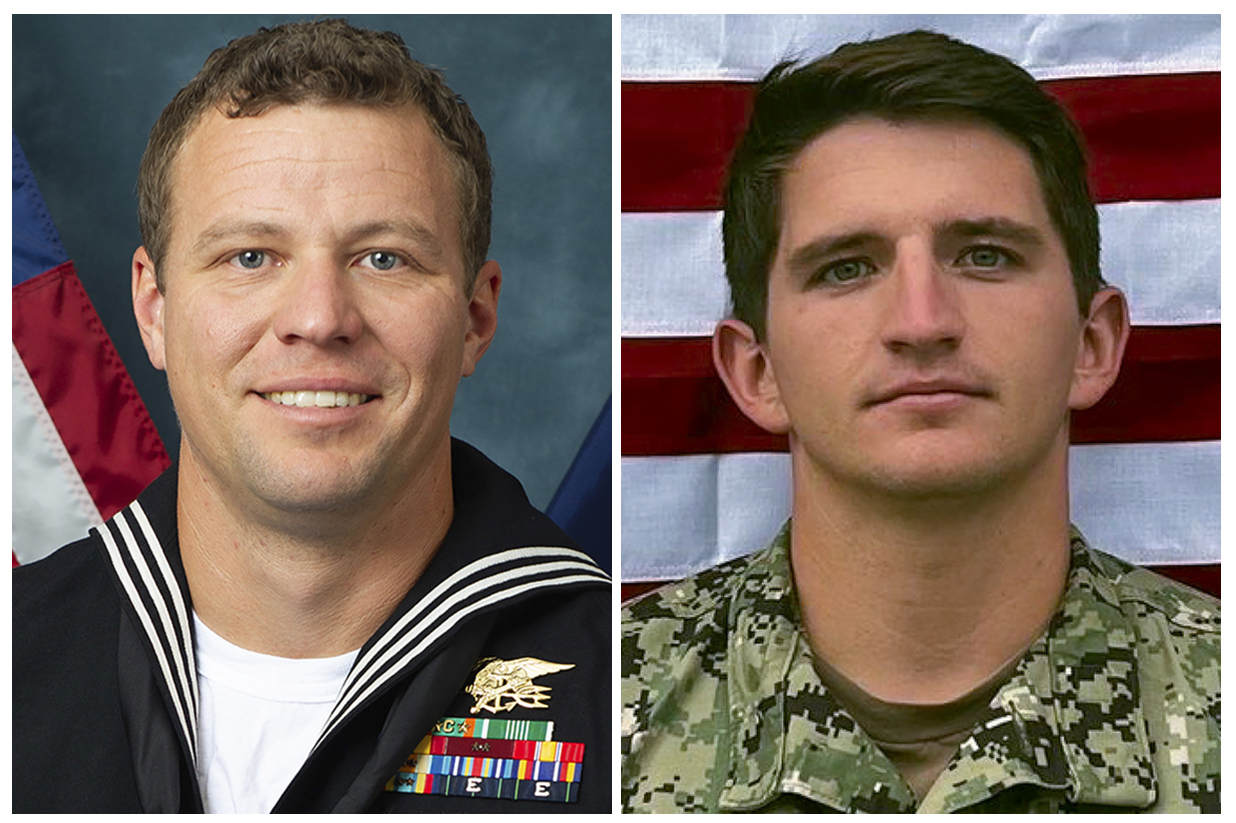 FILE - This combo image, provided by the Department of Defense, shows Navy Special Warfare Operator 1st Class Christopher J. Chambers, left, and Navy Special Warfare Operator 2nd Class Nathan Gage Ingram, right. Chambers and Ingram died while boarding an unflagged ship carrying illicit Iranian-made weapons to Yemen, Jan. 11, 2024, in the Arabian Sea. (Department of Defense via AP, File)