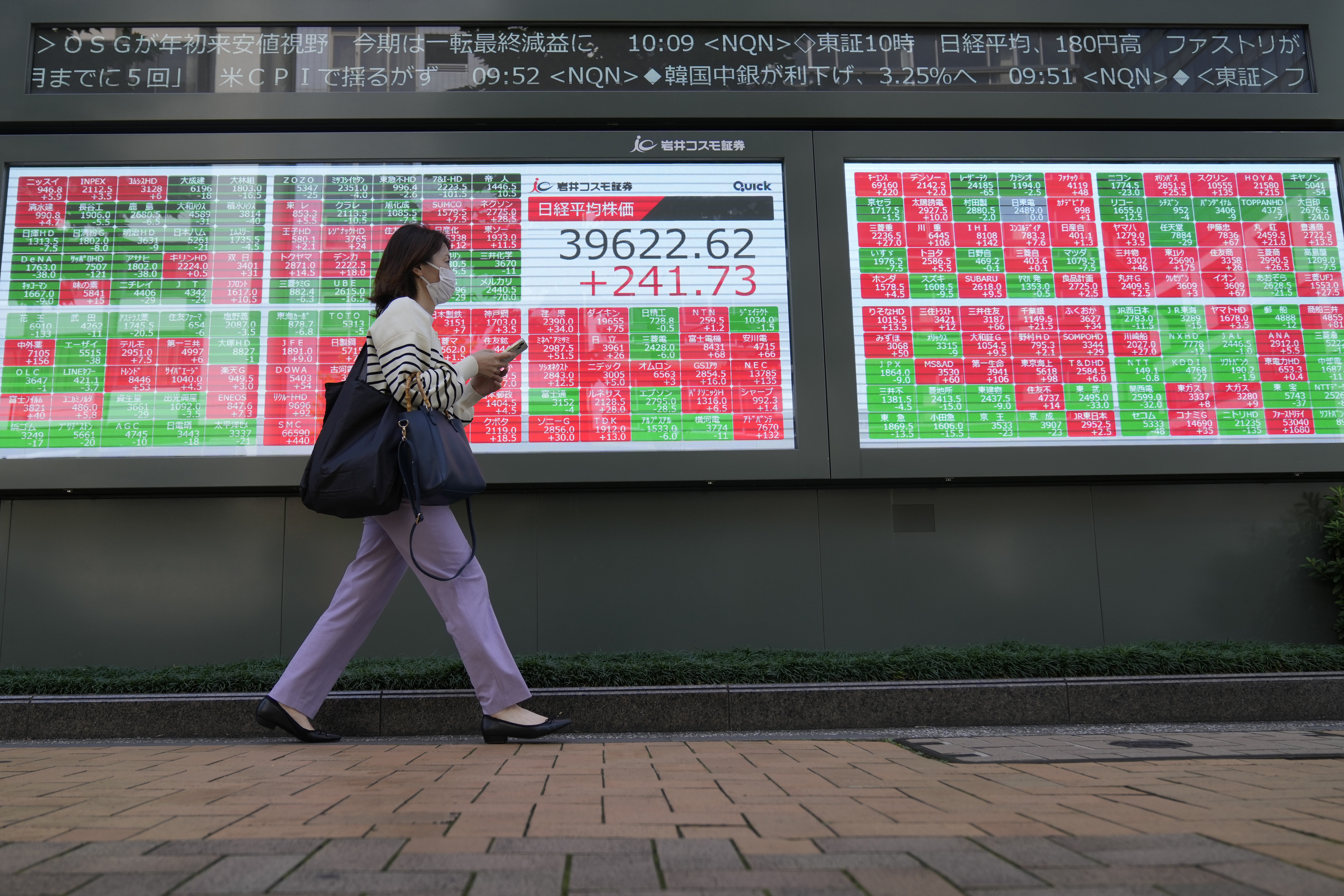 A passerby moves past an electronic stock board showing Japan's Nikkei 225 index and stock prices outside a securities building Friday, Oct. 11, 2024 in Tokyo. (AP Photo/Shuji Kajiyama)