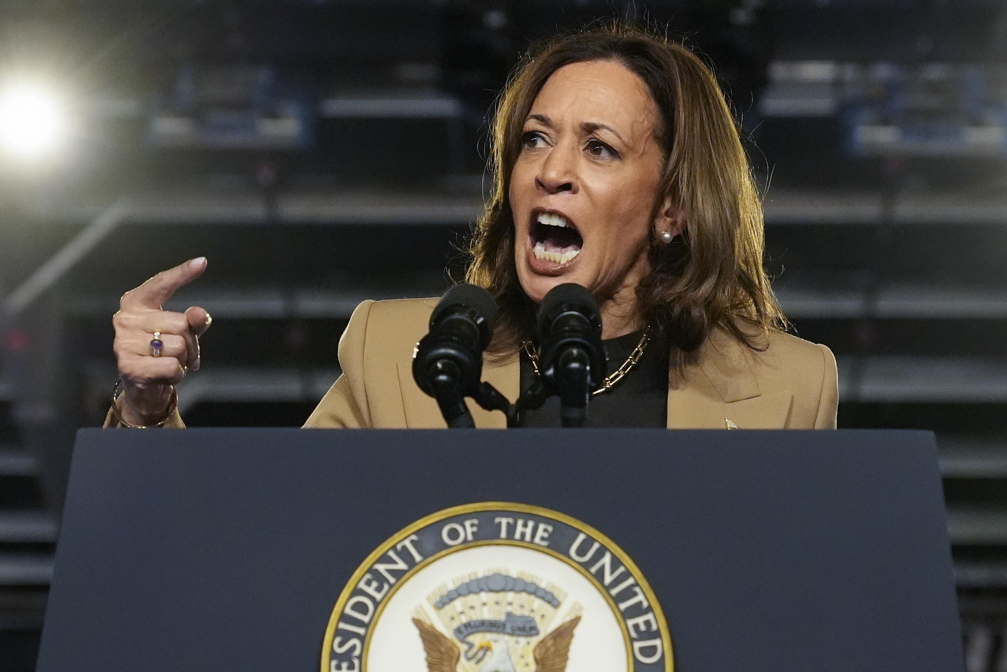 Democratic presidential nominee Vice President Kamala Harris speaks at a campaign event Thursday, Oct. 10, 2024, on the Gila River Indian Community reservation in Chandler, Ariz. (AP Photo/Ross D. Franklin)