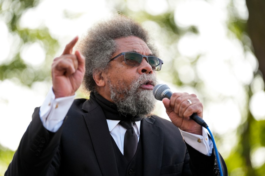 FILE - Progressive activist Cornel West speaks at a demonstration in Union Park outside the Democratic National Convention, Aug. 21, 2024, in Chicago. (AP Photo/Alex Brandon, File)