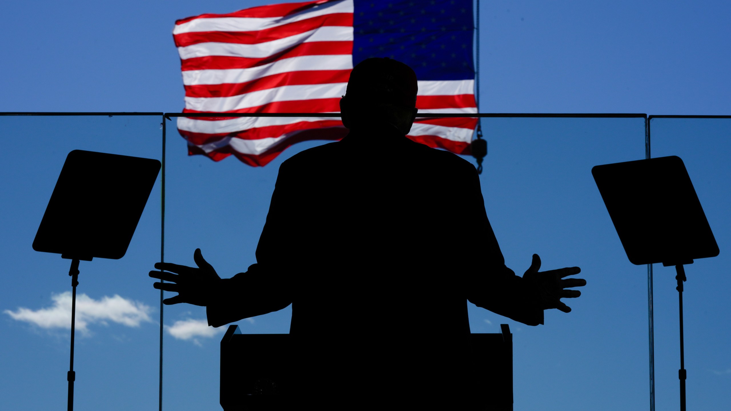 Republican presidential nominee former President Donald Trump speaks during a campaign rally at Dodge County Airport, Sunday, Oct. 6, 2024, in Juneau, Wis. (AP Photo/Julia Demaree Nikhinson)