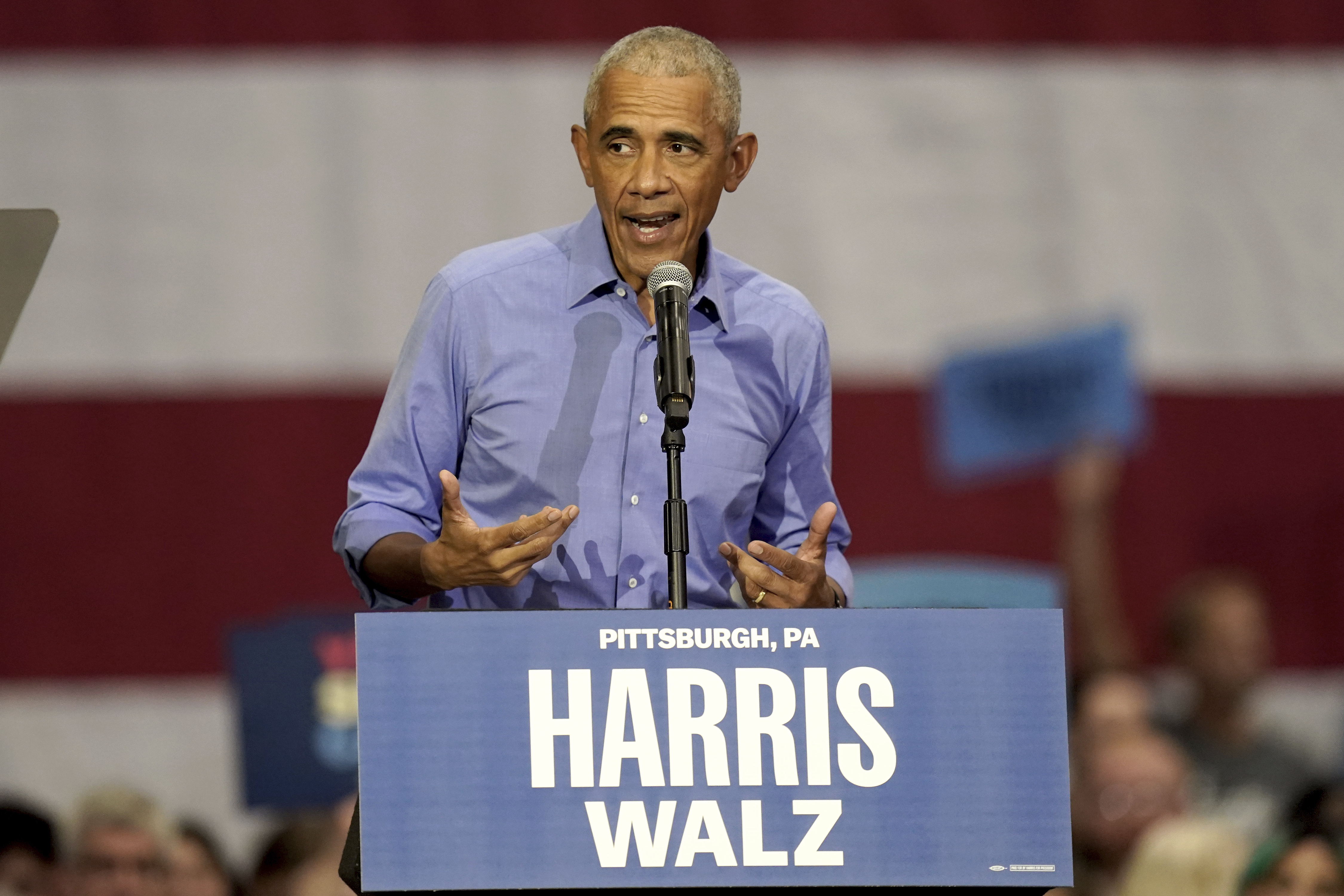 Former President Barack Obama speaks during a campaign rally supporting Democratic presidential nominee Vice President Kamala Harris, Thursday, Oct. 10, 2024, at the University of Pittsburgh's Fitzgerald Field House in Pittsburgh. (AP Photo/Matt Freed)