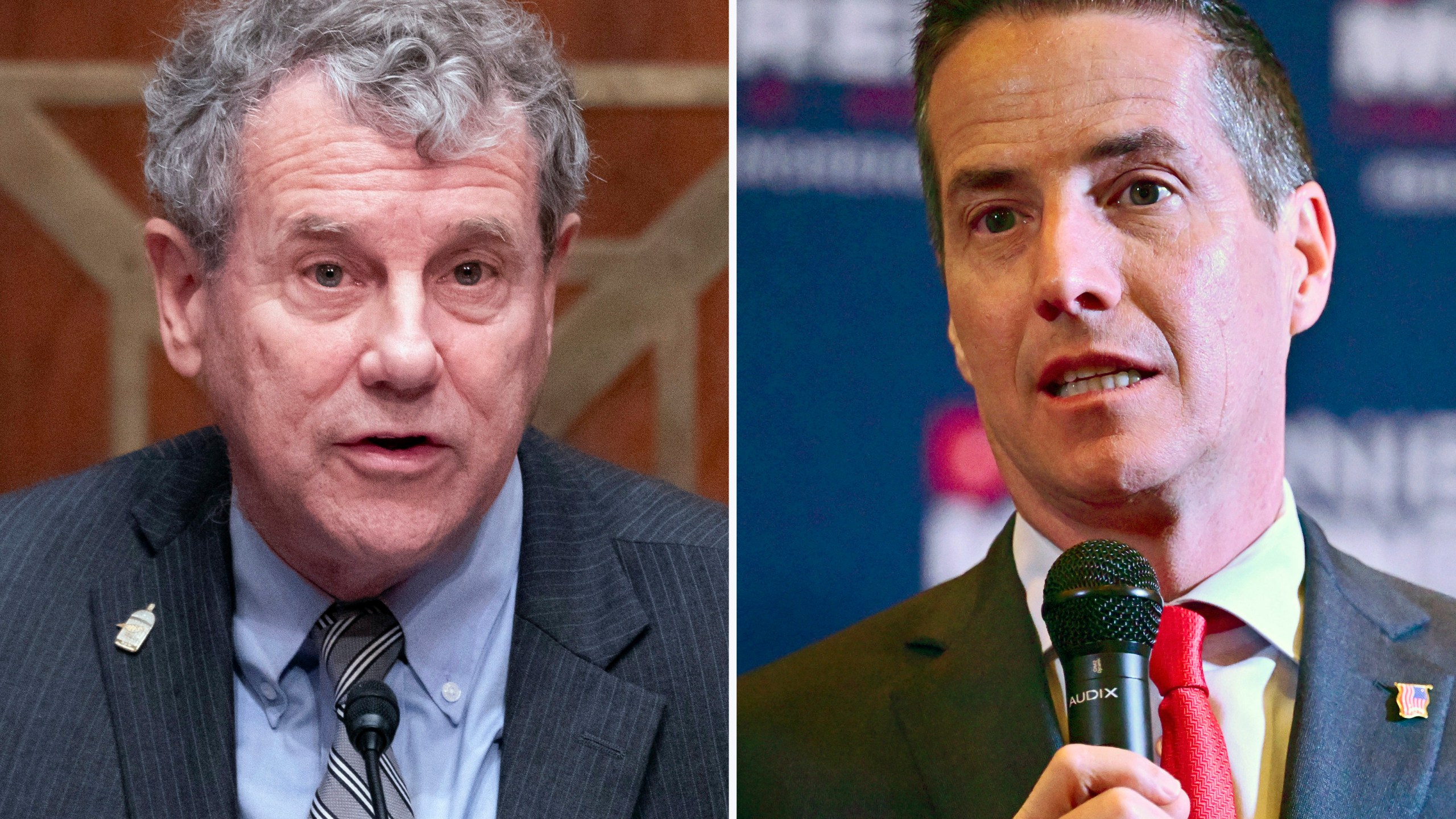 This combination photo shows Sen. Sherrod Brown, D-Ohio, Oct. 26, 2023, on Capitol Hill in Washington, left, and Cleveland businessman Bernie Moreno, a Republican candidate for Senate, in Westlake, Ohio, March 19, 2024. (AP Photo)