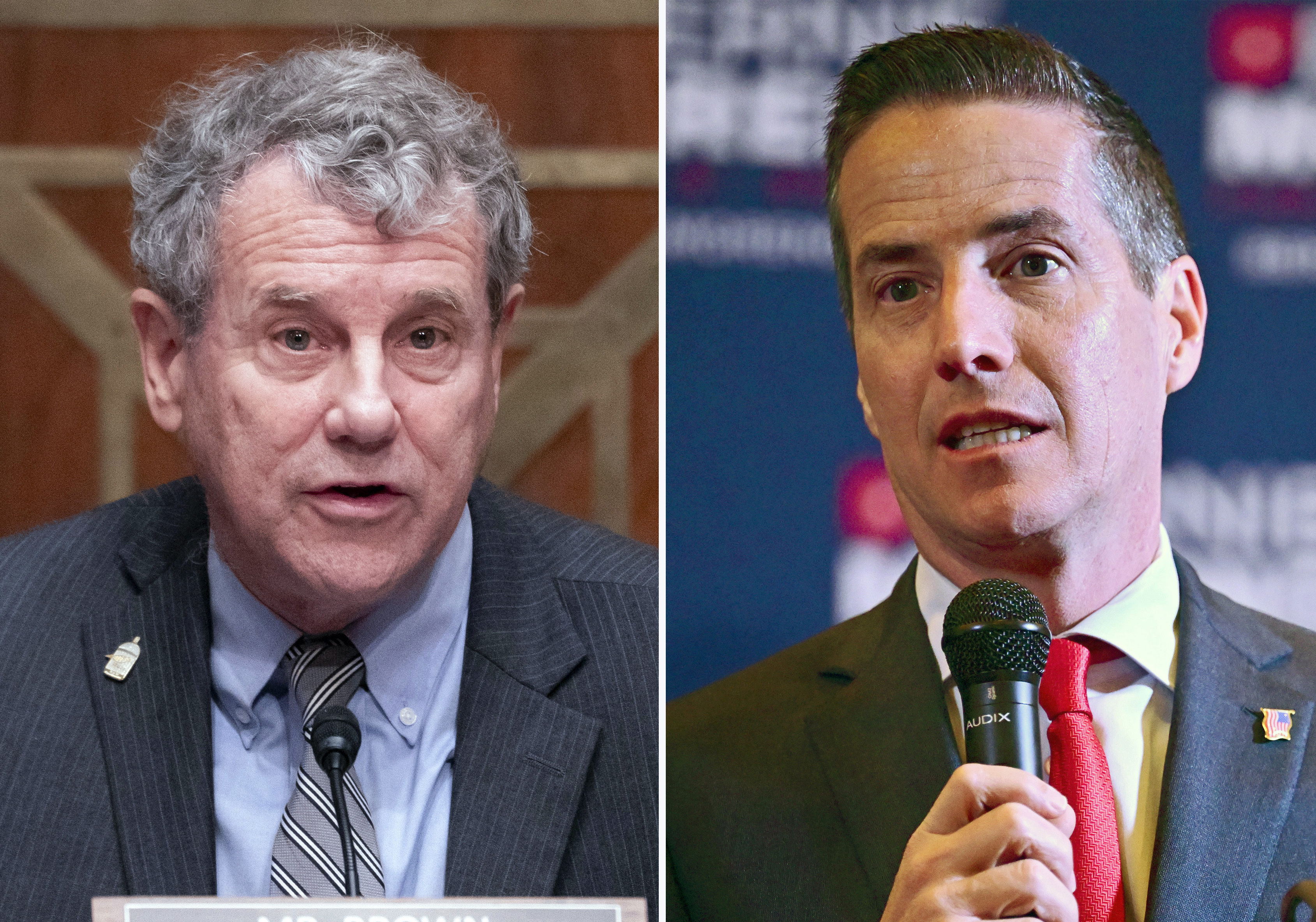 This combination photo shows Sen. Sherrod Brown, D-Ohio, Oct. 26, 2023, on Capitol Hill in Washington, left, and Cleveland businessman Bernie Moreno, a Republican candidate for Senate, in Westlake, Ohio, March 19, 2024. (AP Photo)