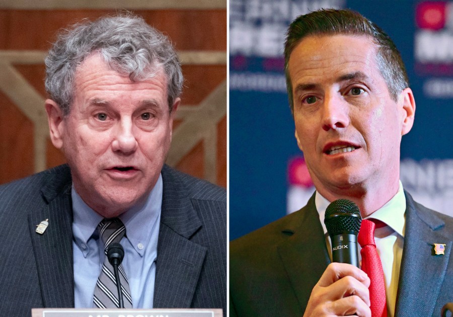 This combination photo shows Sen. Sherrod Brown, D-Ohio, Oct. 26, 2023, on Capitol Hill in Washington, left, and Cleveland businessman Bernie Moreno, a Republican candidate for Senate, in Westlake, Ohio, March 19, 2024. (AP Photo)