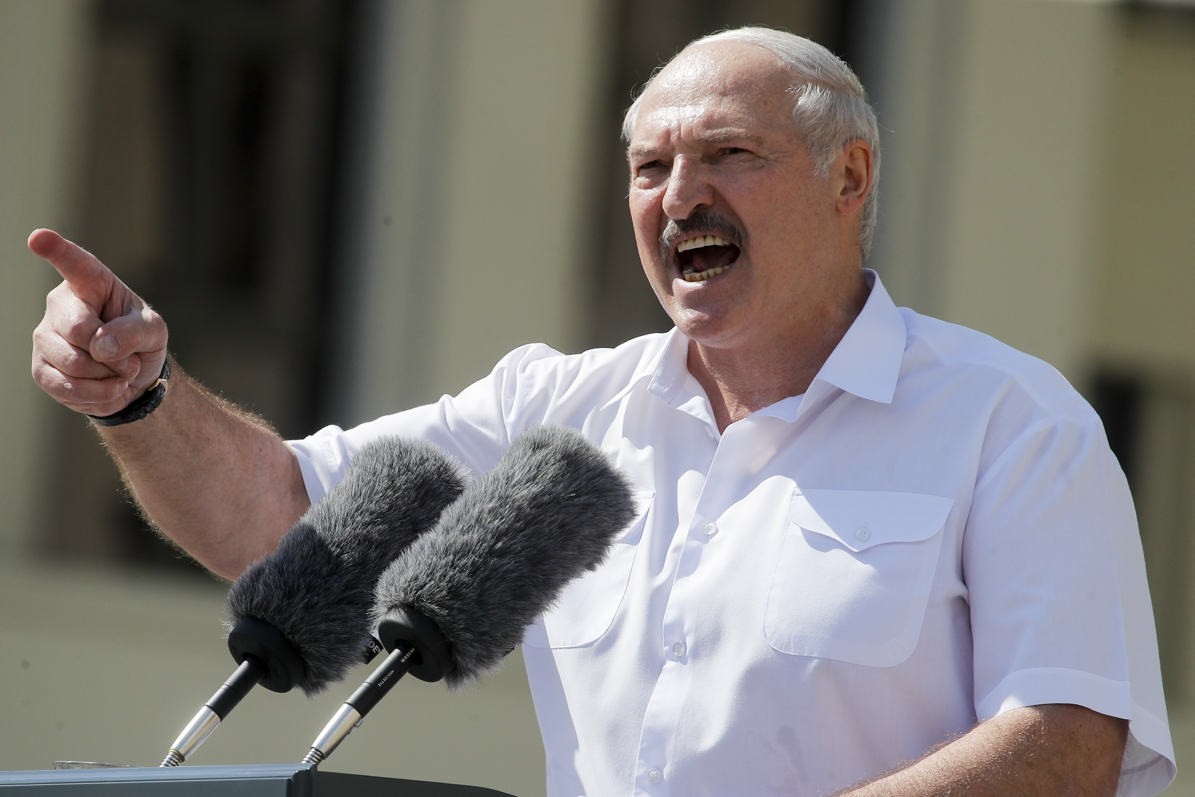 FILE - Belarus President Alexander Lukashenko addresses supporters at Independence Square in Minsk, Belarus, on Aug. 16, 2020. (AP Photo, File)