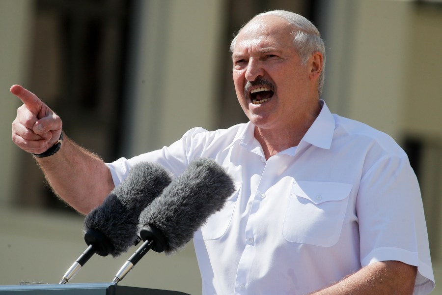 FILE - Belarus President Alexander Lukashenko addresses supporters at Independence Square in Minsk, Belarus, on Aug. 16, 2020. (AP Photo, File)