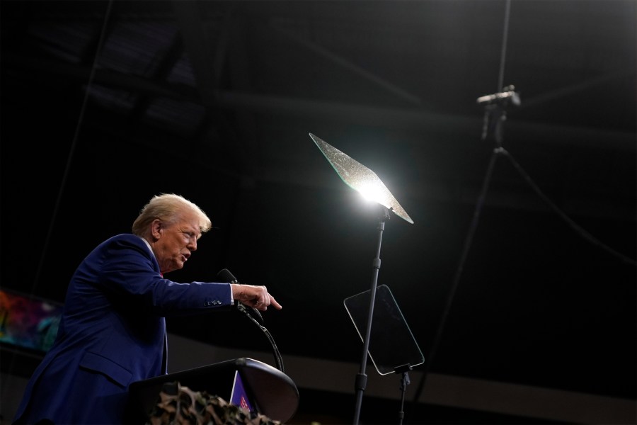 Republican presidential nominee former President Donald Trump speaks at a campaign rally at the Findlay Toyota Arena Sunday, Oct. 13, 2024, in Prescott Valley, Ariz. (AP Photo/Evan Vucci)