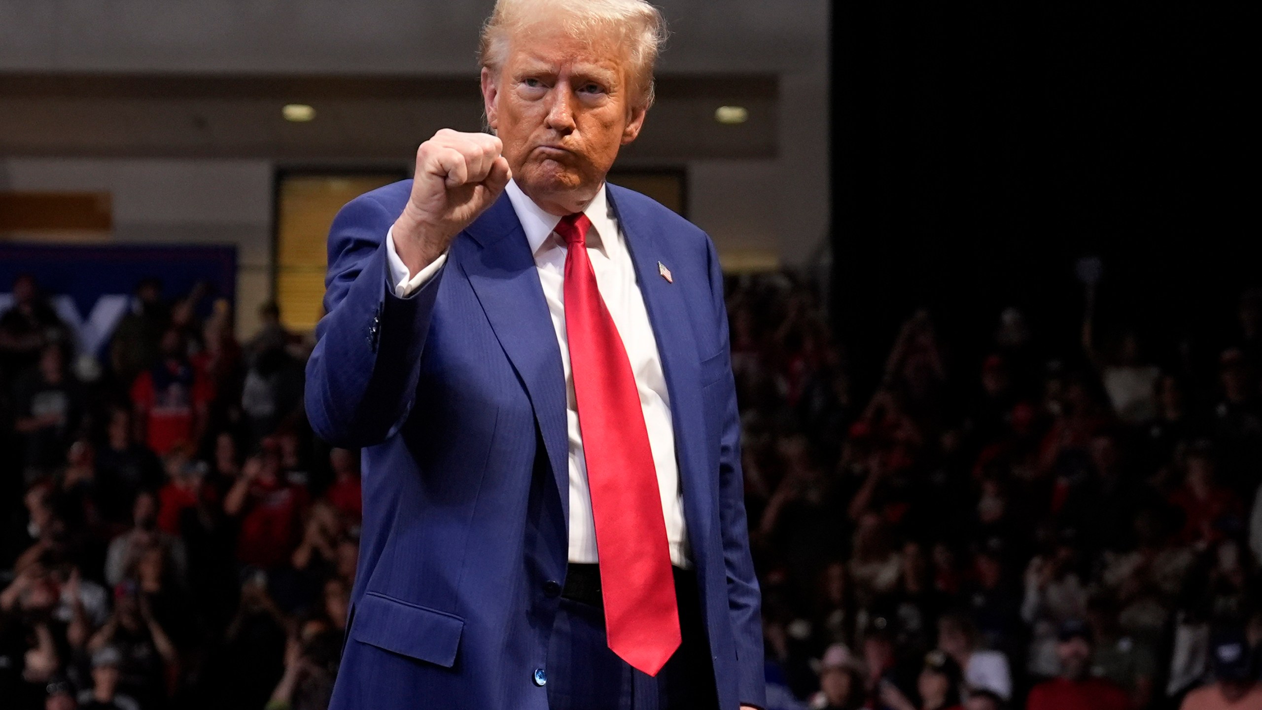 Republican presidential nominee former President Donald Trump gestures at a campaign rally at the Findlay Toyota Arena Sunday, Oct. 13, 2024, in Prescott Valley, Ariz. (AP Photo/Evan Vucci)