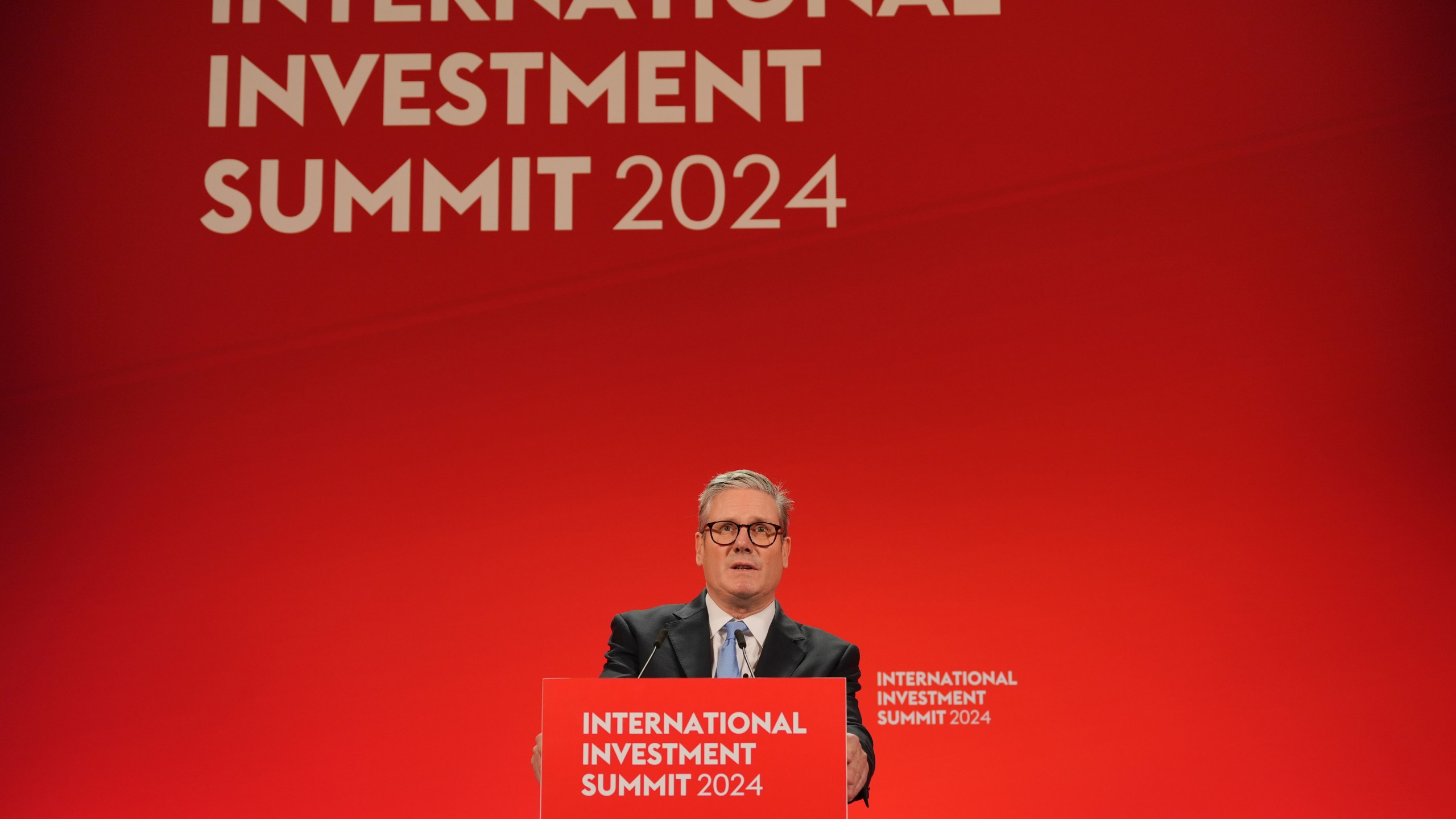 Britain's Prime Minister Keir Starmer speaks during the International Investment Summit in London, Monday, Oct. 14, 2024. (Jonathan Brady/Pool Photo via AP)