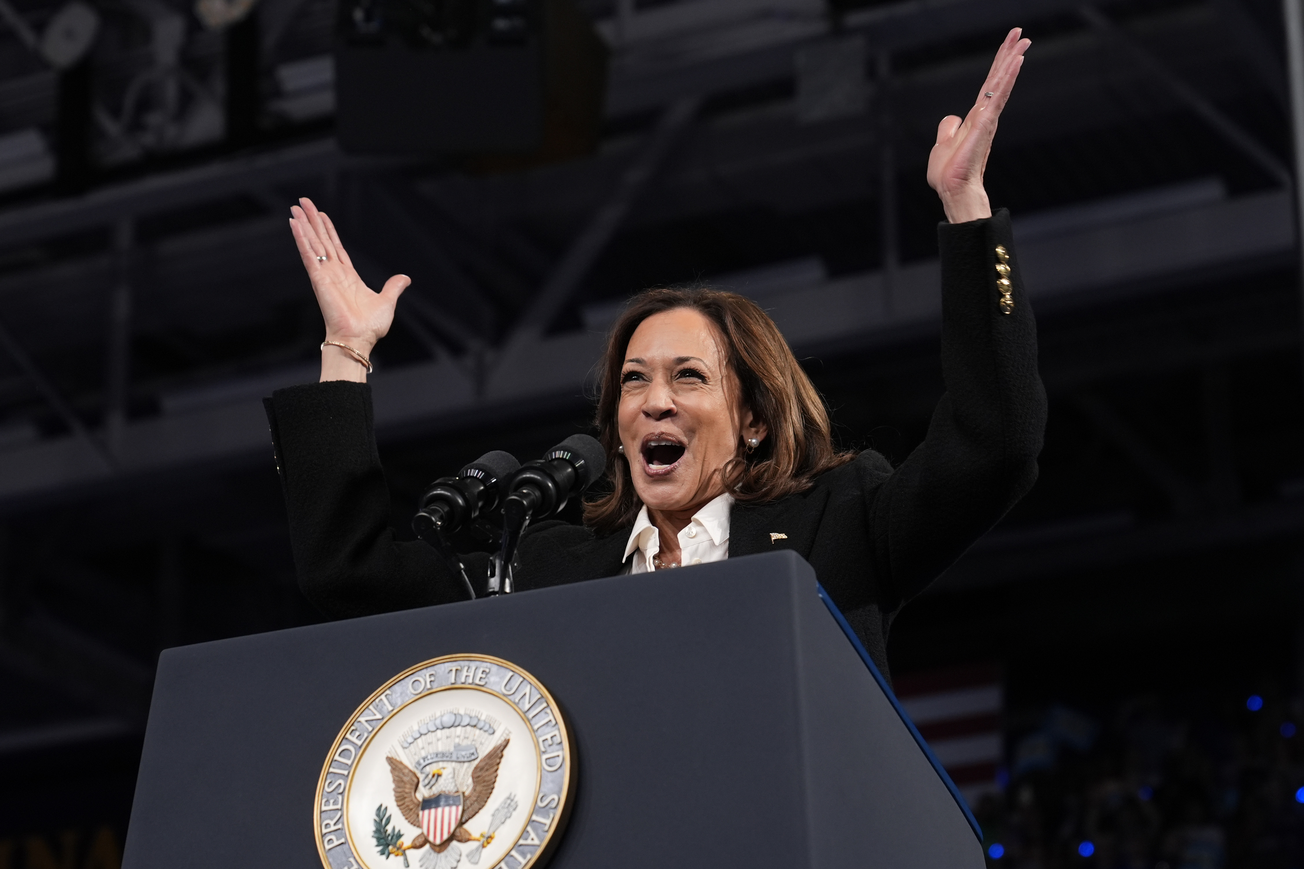 Democratic presidential nominee Vice President Kamala Harris speaks at a campaign rally at East Carolina University in Greenville, N.C., Sunday, Oct. 12, 2024. (AP Photo/Susan Walsh)