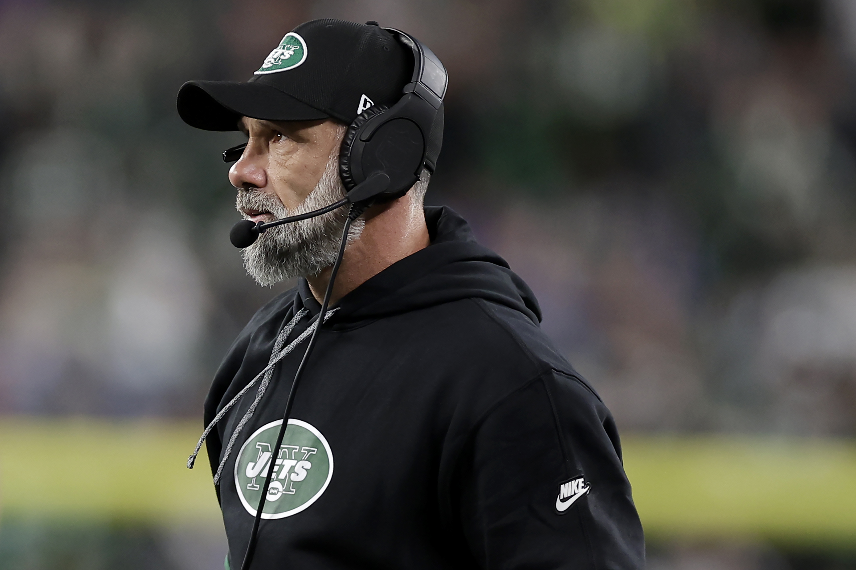 New York Jets interim head coach Jeff Ulbrich watches from the sideline during the first half of an NFL football game against the Buffalo Bills in East Rutherford, N.J., Monday, Oct. 14, 2024. (AP Photo/Adam Hunger)