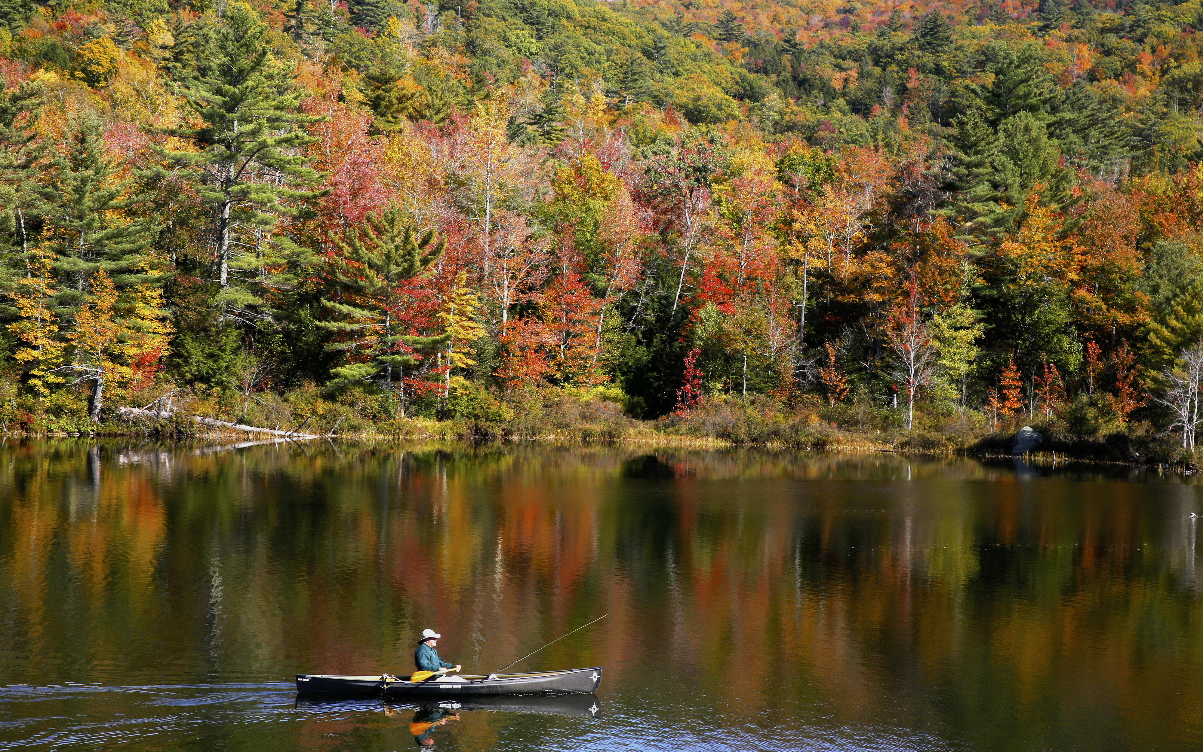 A fly fisherman paddles on a pond as fall foliage begins to show color in Campton, N.H., Sunday, Oct. 6, 2024. (AP Photo/Caleb Jones)