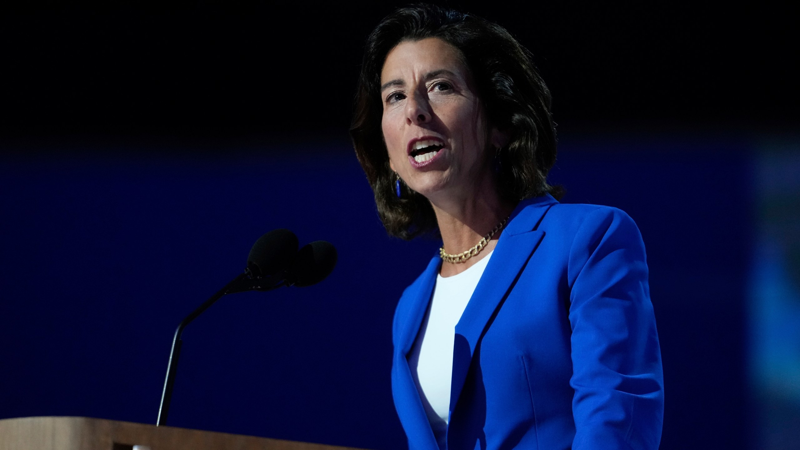 FILE - Gina Raimondo, U.S. Secretary of Commerce, speaks during the Democratic National Convention on Aug. 19, 2024, in Chicago. (AP Photo/Paul Sancya, File)