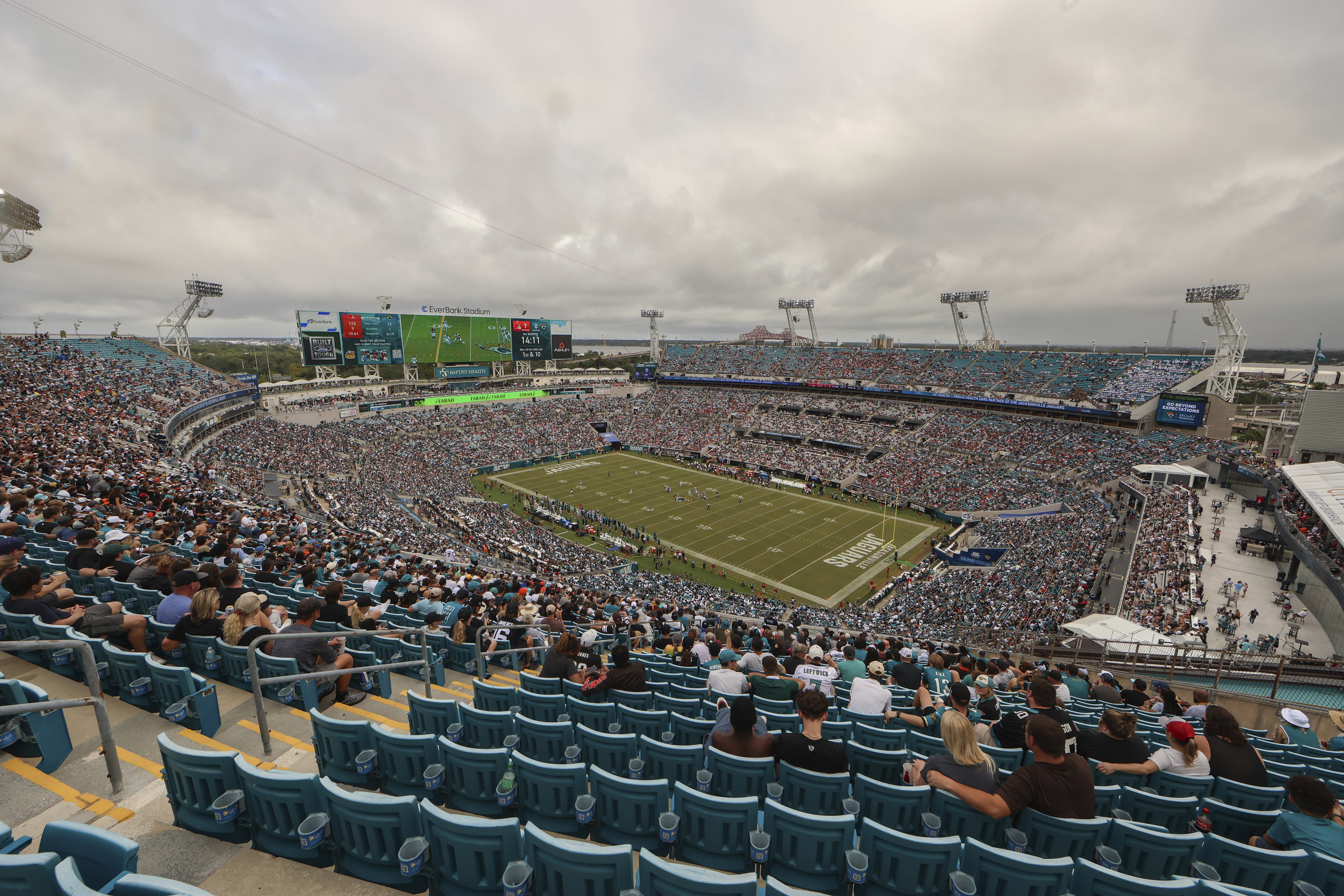 FILE - A general overall interior view of EverBank Stadium, as the Jacksonville Jaguars take on the Cleveland Browns, Sept. 15, 2024, in Jacksonville, Fla. (AP Photo/Gary McCullough, File)