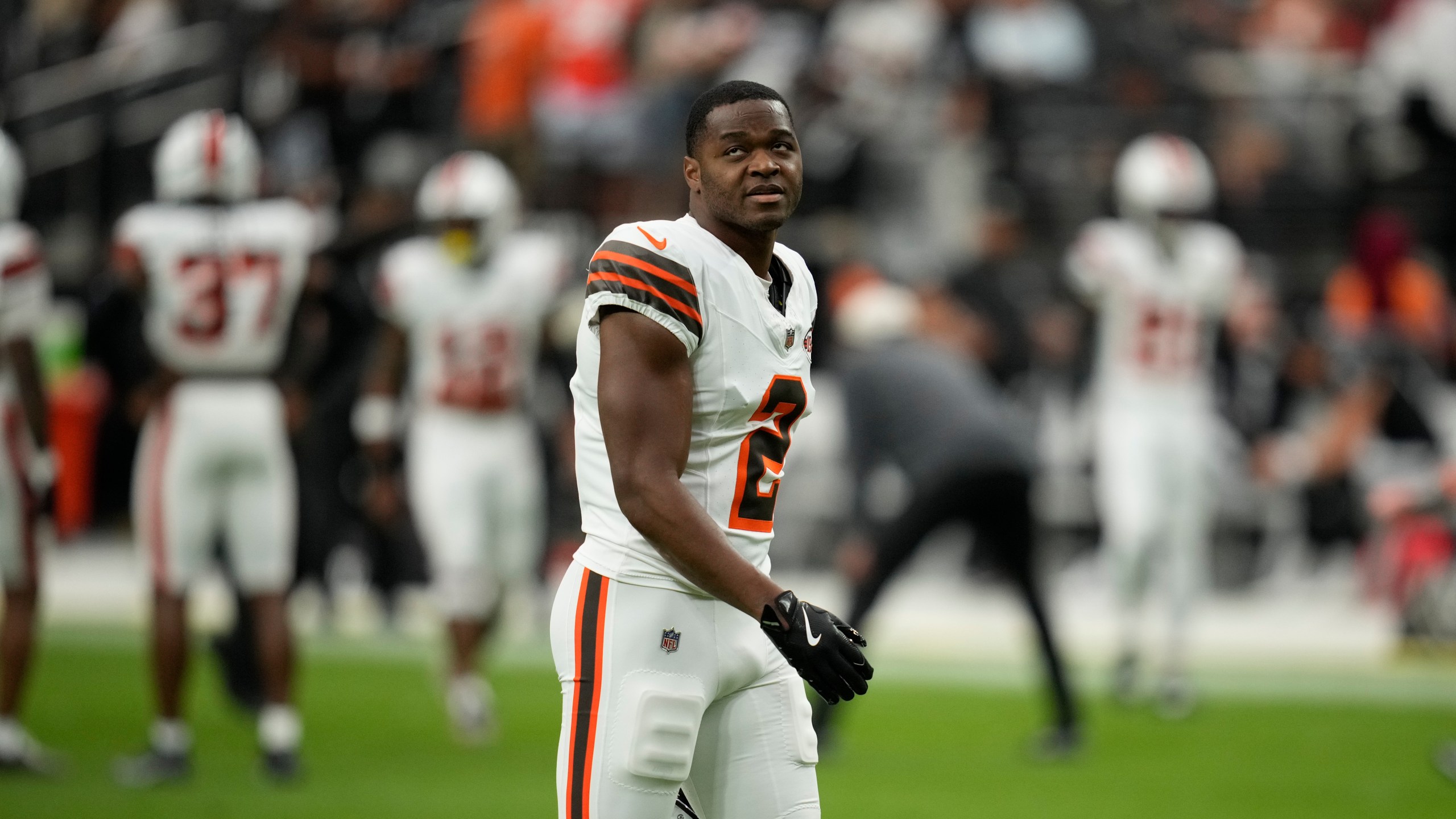 Cleveland Browns wide receiver Amari Cooper looks on before an NFL football game against the Las Vegas Raiders Sunday, Sept. 29, 2024, in Las Vegas. (AP Photo/John Locher)