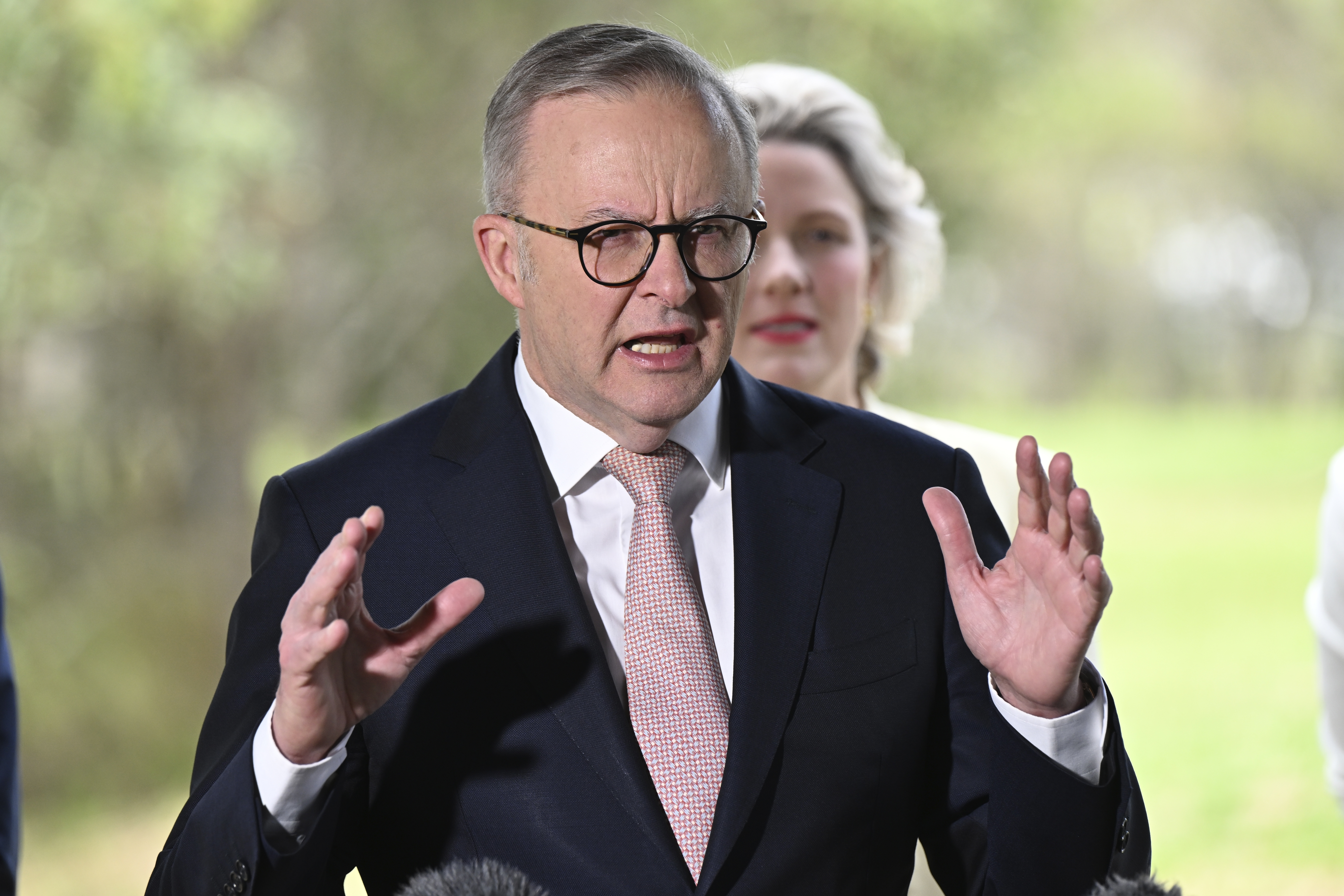 Australian Prime Minister Anthony Albanese gestures during a press conference in Logan City, near Brisbane, Tuesday, Oct. 15, 2024. (Darren England/AAP Image via AP)