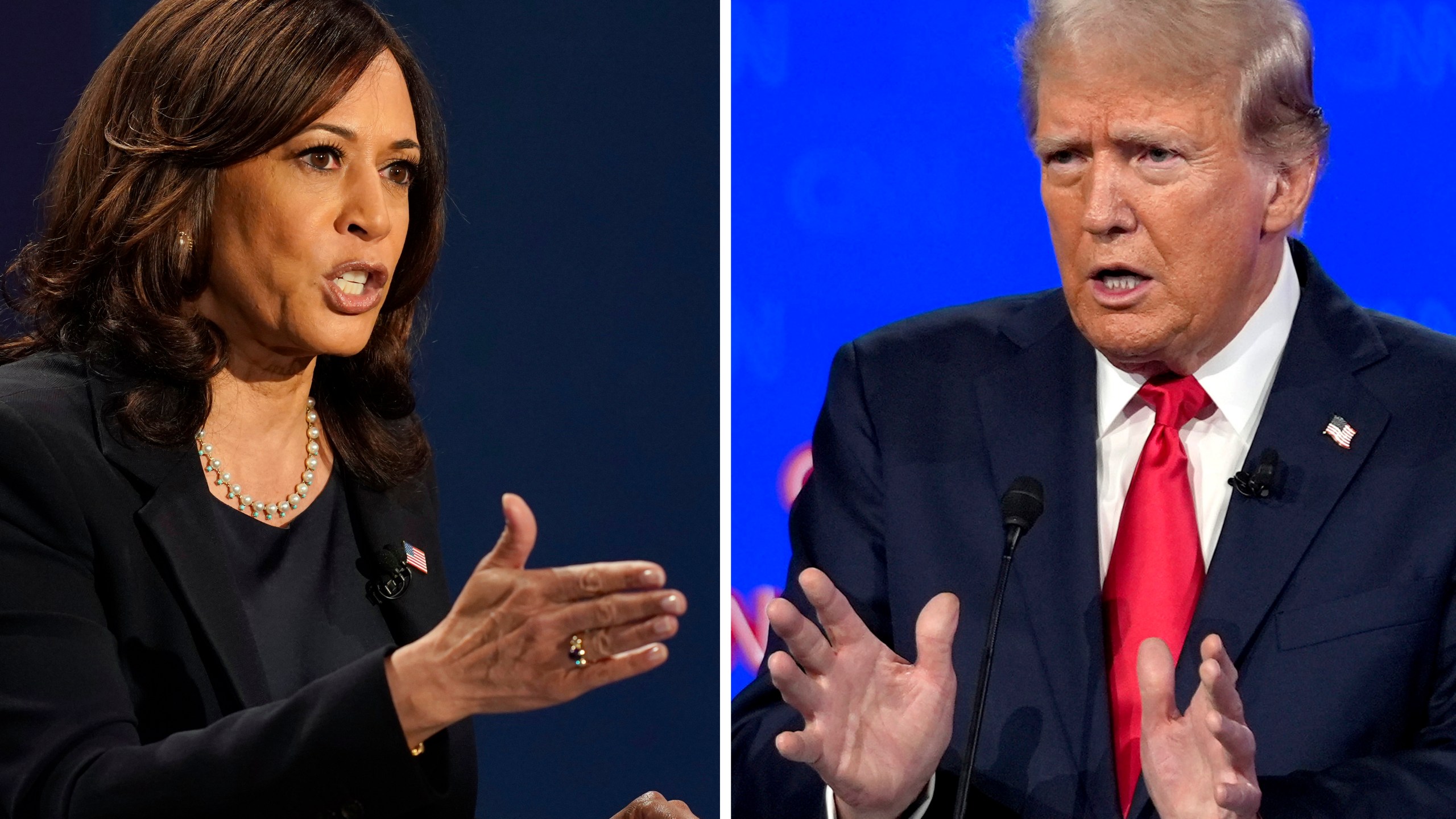 FILE - In this combination image, Democratic vice presidential candidate Sen. Kamala Harris, D-Calif., speaks during a debate, Oct. 7, 2020, in Salt Lake City, left, and Republican presidential candidate former President Donald Trump speaks during a debate, June 27, 2024, in Atlanta. (AP Photo/File)