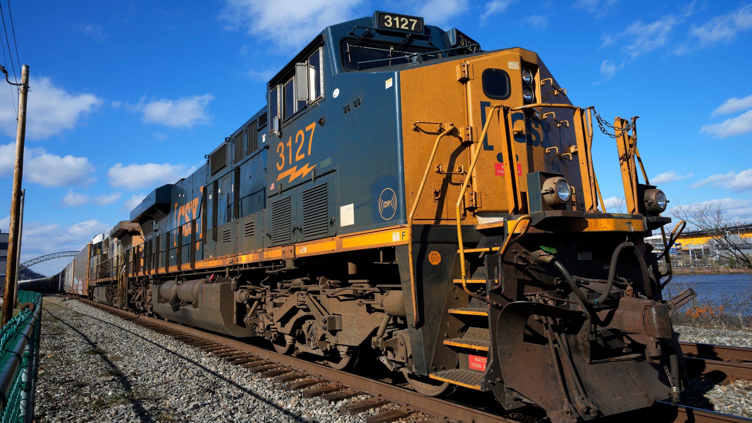 FILE - A CSX freight train sits on a siding in downtown Pittsburgh, Nov. 19, 2022. (AP Photo/Gene J. Puskar, File)