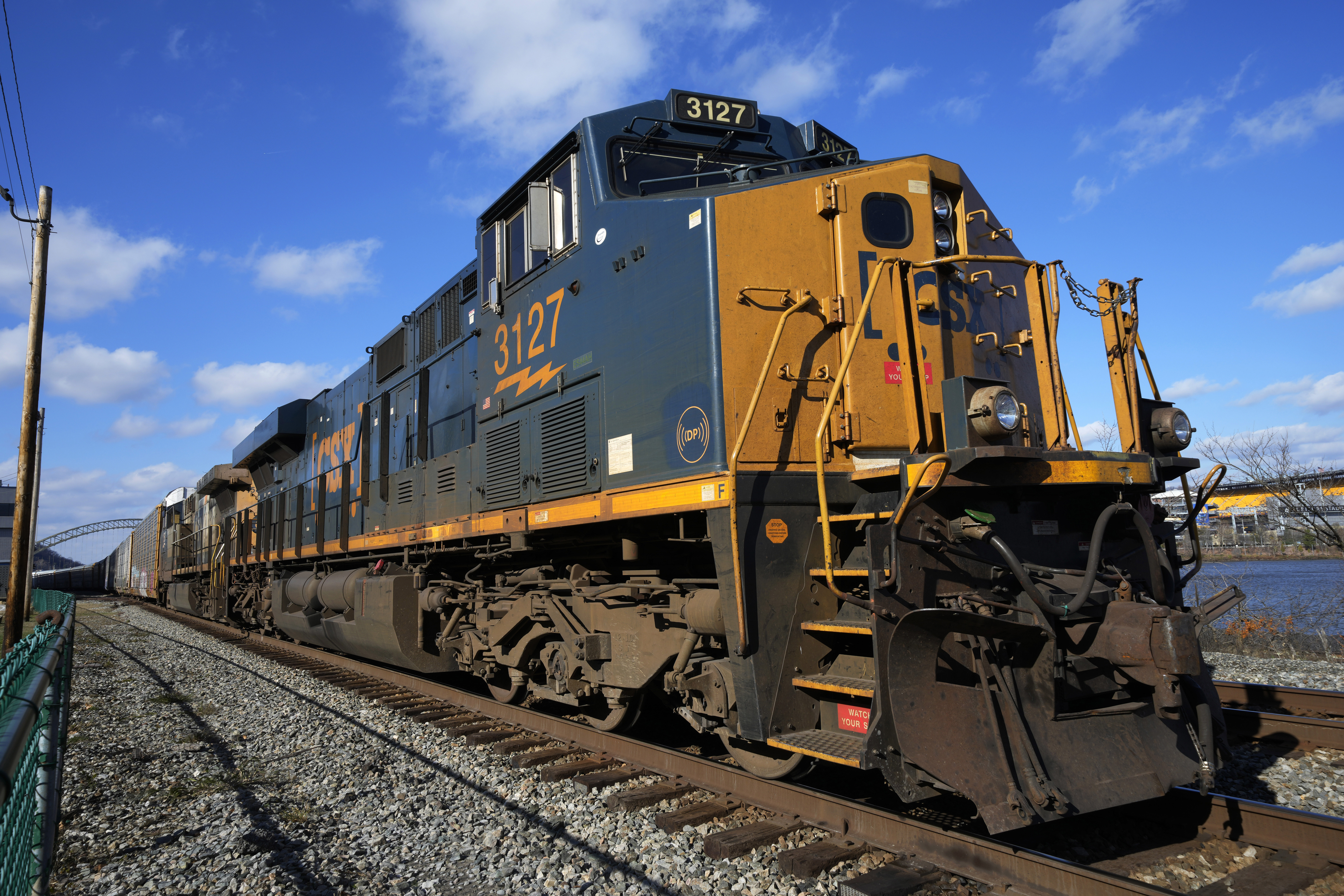 FILE - A CSX freight train sits on a siding in downtown Pittsburgh, Nov. 19, 2022. (AP Photo/Gene J. Puskar, File)