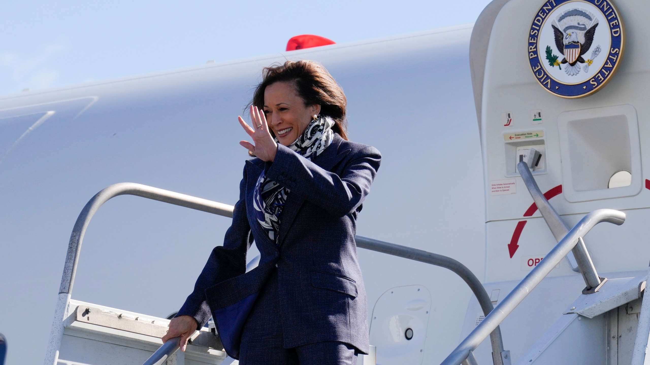 Democratic presidential nominee Vice President Kamala Harris, arrives at Trenton-Mercer Airport, in Mercer County, New Jersey, Wednesday, Oct. 16, 2024, en route to a campaign rally in Pennsylvania. (AP Photo/Jacquelyn Martin)