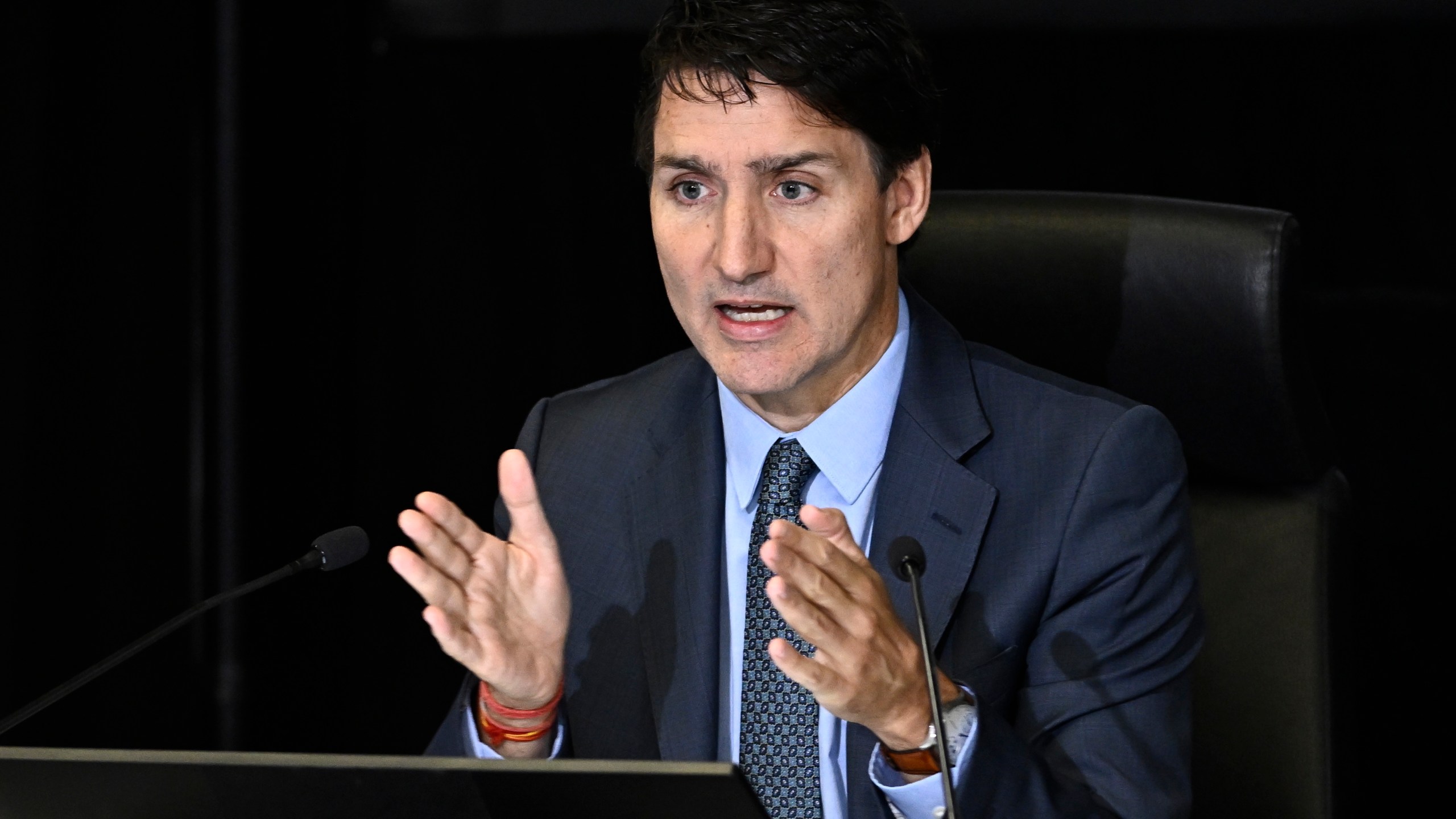 Prime Minister Justin Trudeau appears as a witness at the Foreign Interference Commission in Ottawa, in Ottawa, on Wednesday, Oct. 16, 2024. (Justin Tang/The Canadian Press via AP)