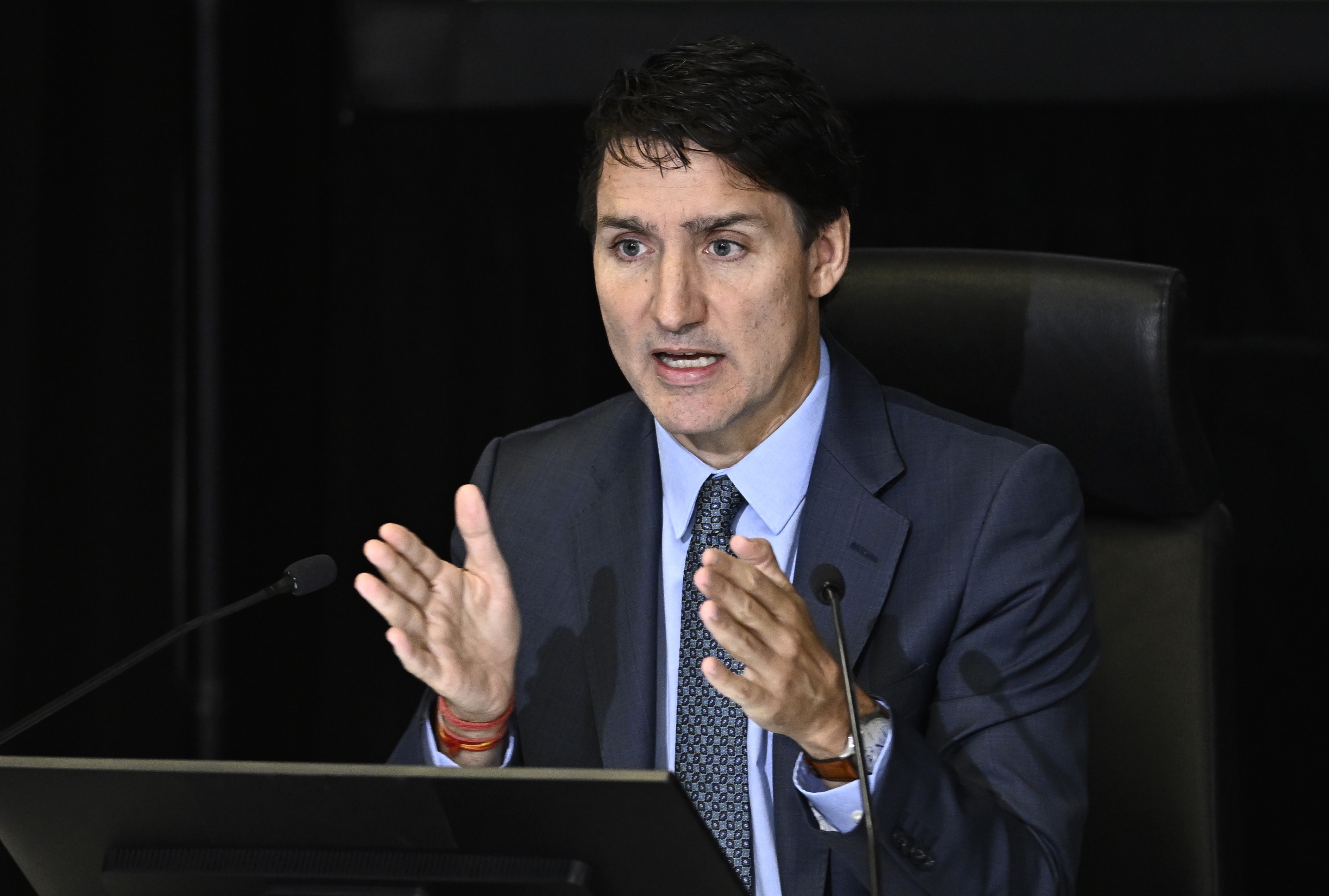 Prime Minister Justin Trudeau appears as a witness at the Foreign Interference Commission in Ottawa, in Ottawa, on Wednesday, Oct. 16, 2024. (Justin Tang/The Canadian Press via AP)