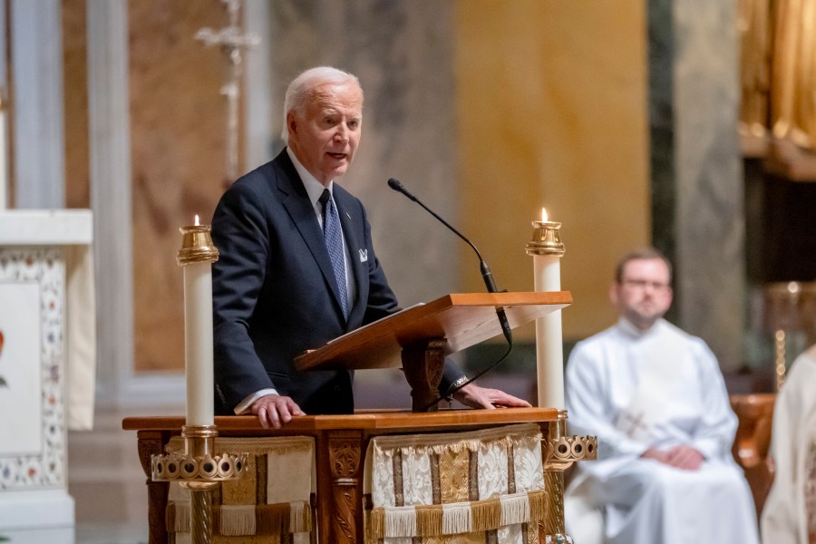 President Joe Biden speaks at a memorial service for Ethel Kennedy, the wife of Sen. Robert F. Kennedy, who died Oct. 10, 2024 at age 96, at the Cathedral of St. Matthew the Apostle in Washington, Wednesday, Oct. 16, 2024. (AP Photo/Ben Curtis)