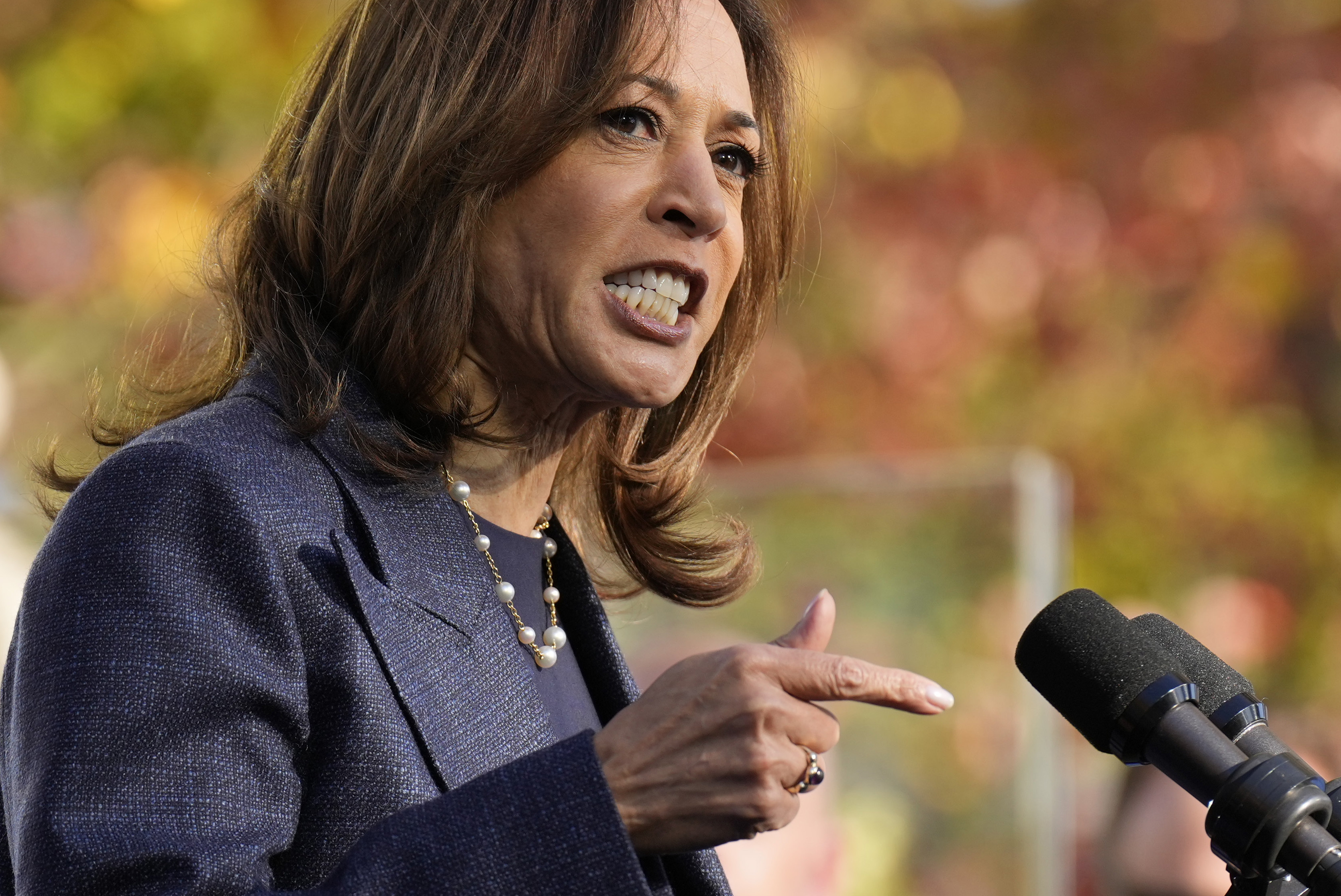 Democratic presidential nominee Vice President Kamala Harris speaks at a campaign event at Washington Crossing Historic Park, Wednesday, Oct. 16, 2024, in Washington Crossing, Pa. (AP Photo/Jacquelyn Martin)