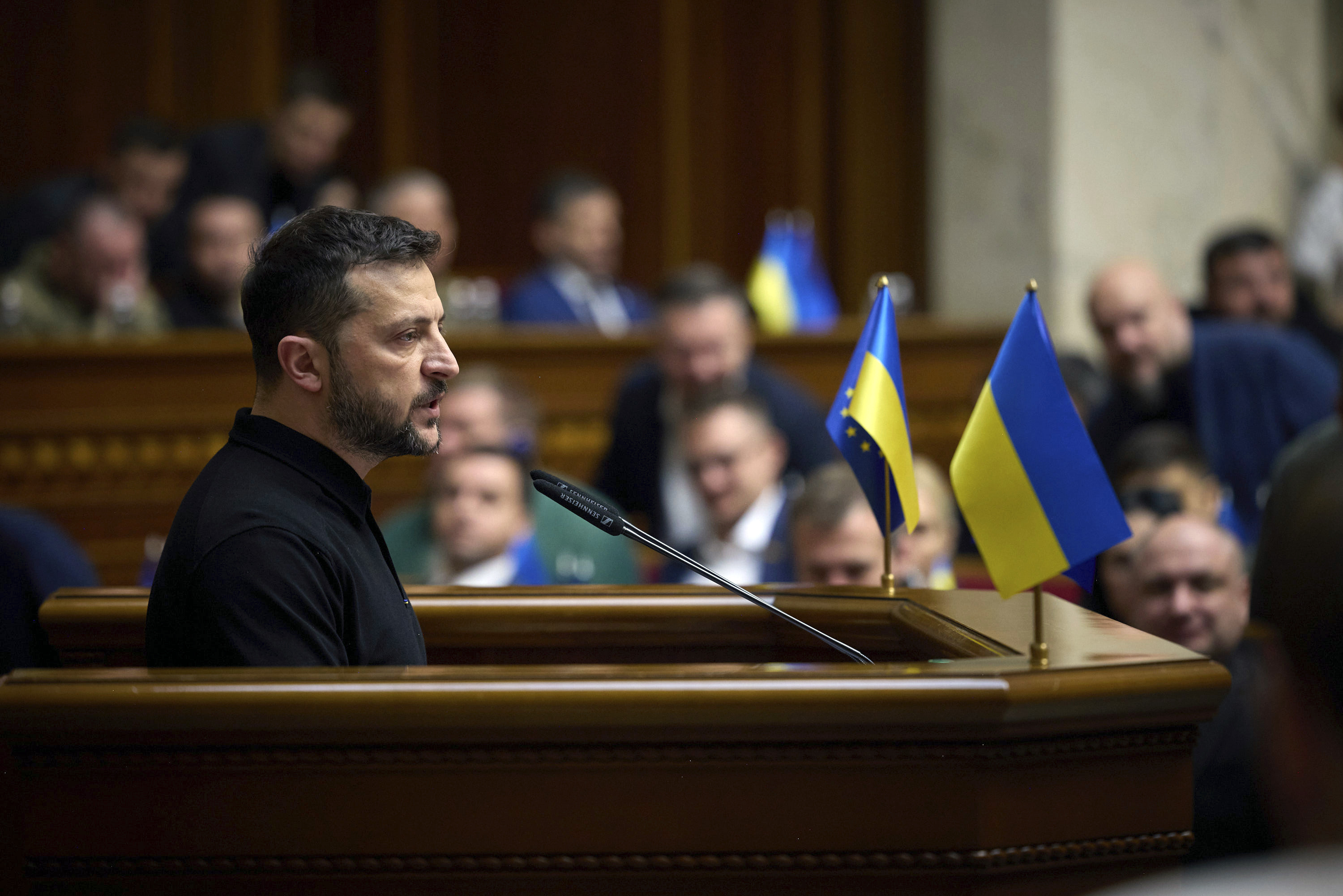 In this photo provided by the Press Service Of The President Of Ukraine on Oct. 16, 2024, Ukraine's President Volodymyr Zelenskyy speaks to parliamentarians at Verkhovna Rada in Kyiv, Ukraine. (Press Service Of The President Of Ukraine via AP)