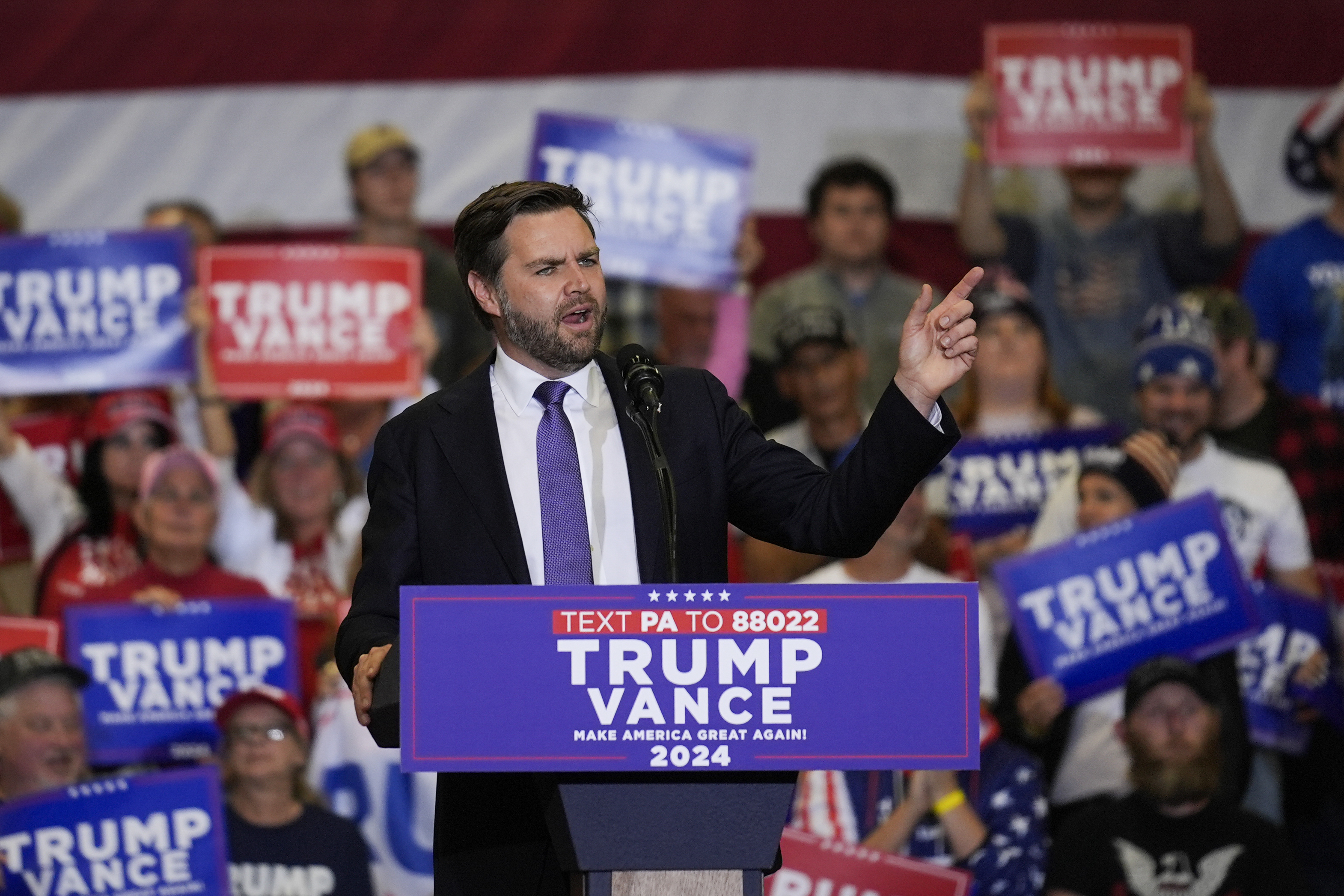 Republican vice presidential nominee Sen. JD Vance, R-Ohio, speaks during a campaign event, Wednesday, Oct. 16, 2024, in Williamsport, Pa. (AP Photo/Matt Rourke)