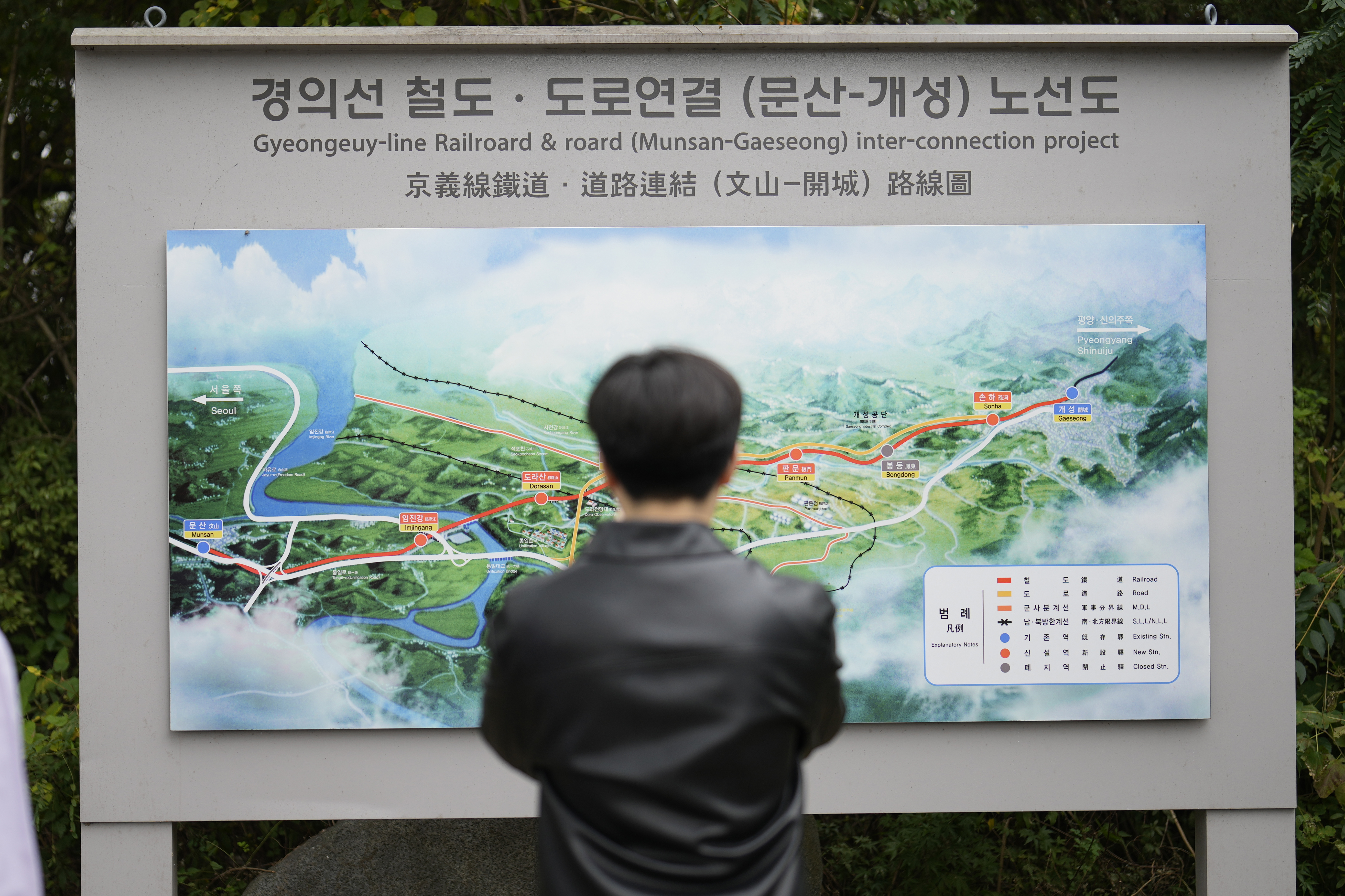 A visitor looks at a map of railroad and road between two Koreas cities, South's Munsan and North's Kaesong, at the Imjingak Pavilion in Paju, South Korea, Tuesday, Oct. 15, 2024. (AP Photo/Lee Jin-man)