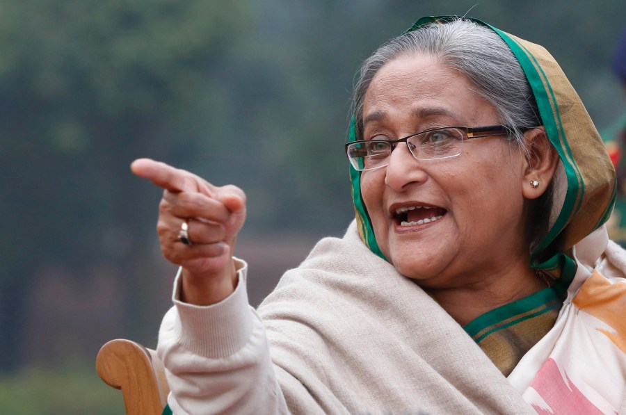 FILE- Bangladesh's Prime Minister Sheikh Hasina speaks during a press conference in Dhaka, Bangladesh, on Jan. 6, 2014. (AP Photo/Rajesh Kumar Singh, File)