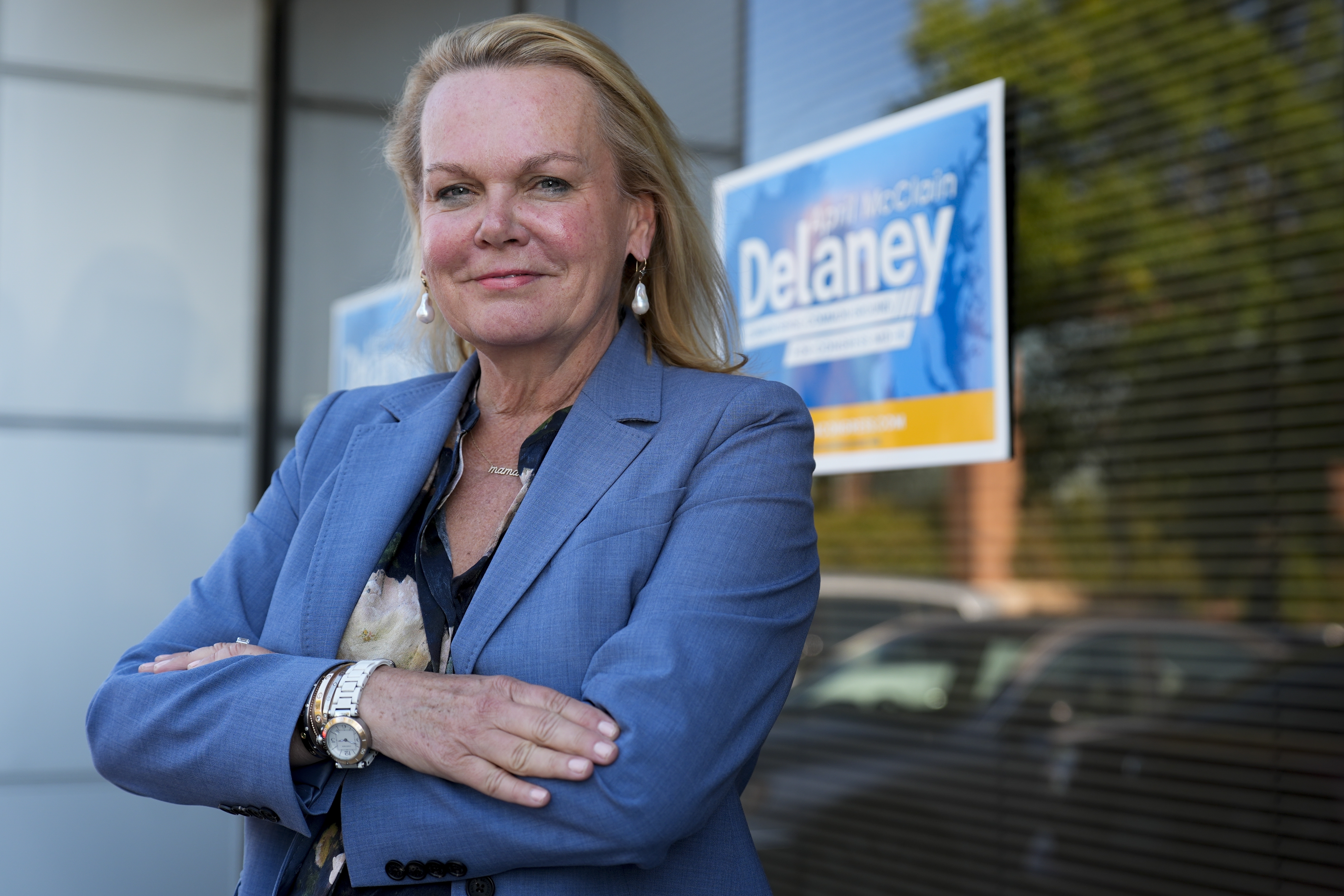 April McClain-Delaney, Democratic candidate for Maryland's Sixth Congressional District, poses for a portrait, Thursday, Oct. 10, 2024, in Gaithersburg, Md. (AP Photo/Stephanie Scarbrough)