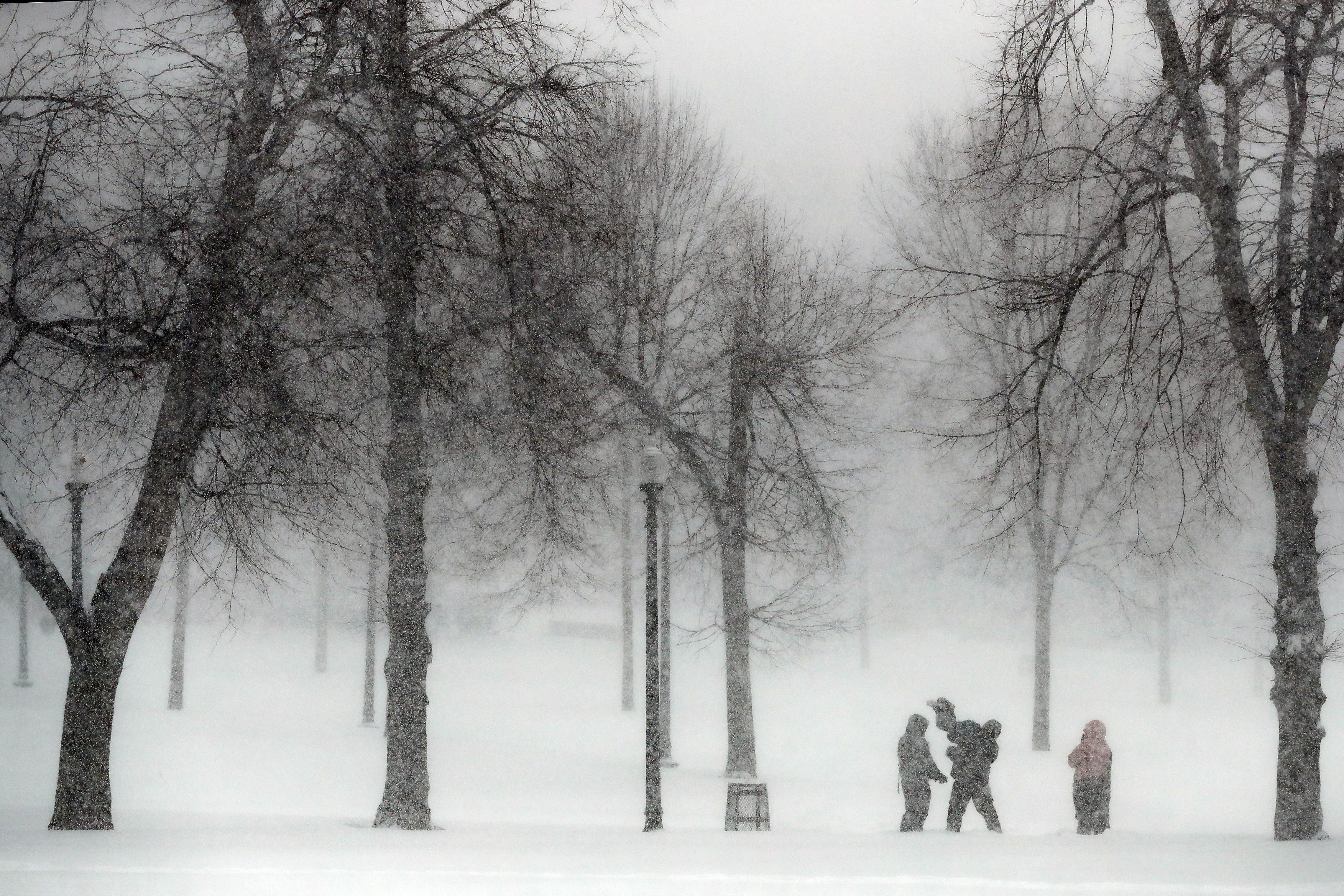 FILE - Snow falls on Boston Common, Saturday, Jan. 29, 2022, in Boston. (AP Photo/Michael Dwyer, File)