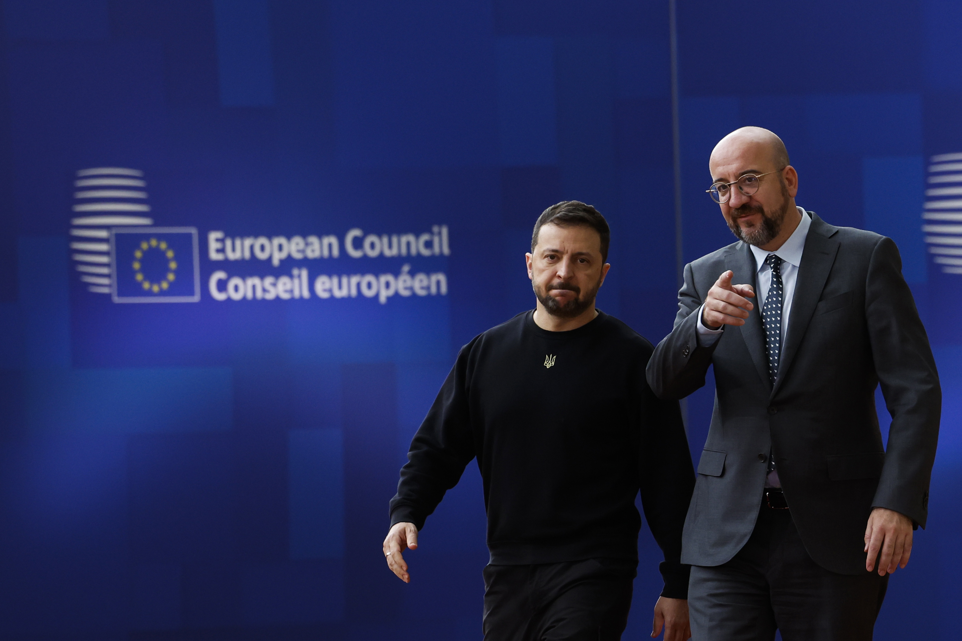 Ukraine's President Volodymyr Zelenskyy, left, and European Council President Charles Michel arrive to an EU summit in Brussels, Thursday, Oct. 17, 2024. (AP Photo/Geert Vanden Wijngaert)