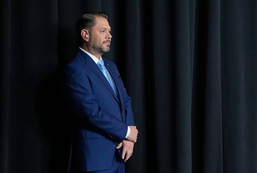 U.S. Senate candidate U.S. Rep. Ruben Gallego, D-Ariz., speaks during a debate with Republican challenger Kari Lake, Wednesday, Oct. 9, 2024, in Phoenix. (Cheryl Evans/Arizona Republic via AP)