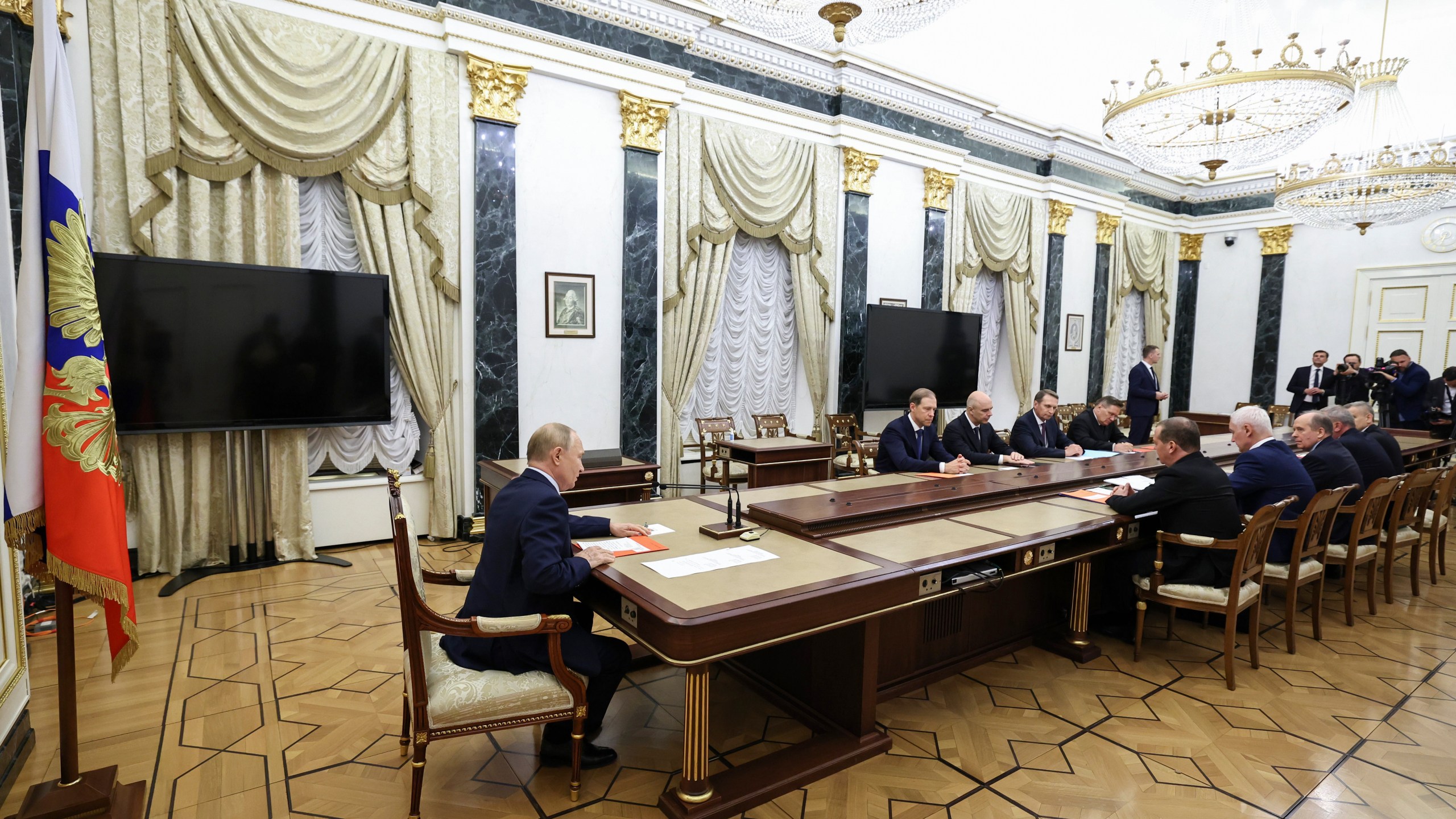 FILE - Russian President Vladimir Putin, left, speaks at the Security Council meeting on nuclear deterrence at the Kremlin in Moscow, Russia, on Sept. 25, 2024. (Alexander Kazakov, Sputnik, Kremlin Pool Photo via AP, File)