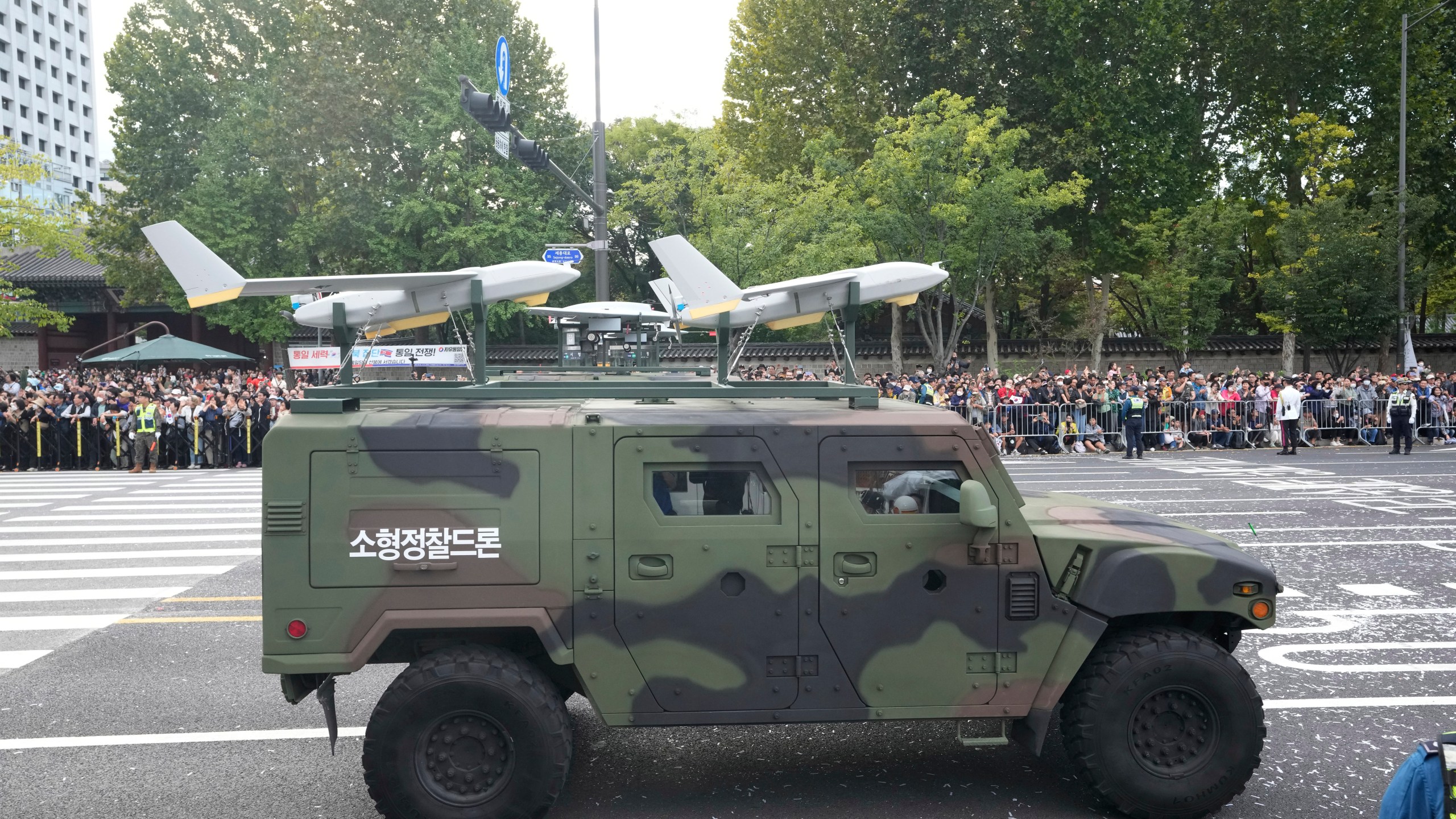 South Korean reconnaissance drones are carried in a parade during the 76th Armed Forces Day ceremony in Seoul, South Korea, on Oct. 1, 2024. (AP Photo/Ahn Young-joon)